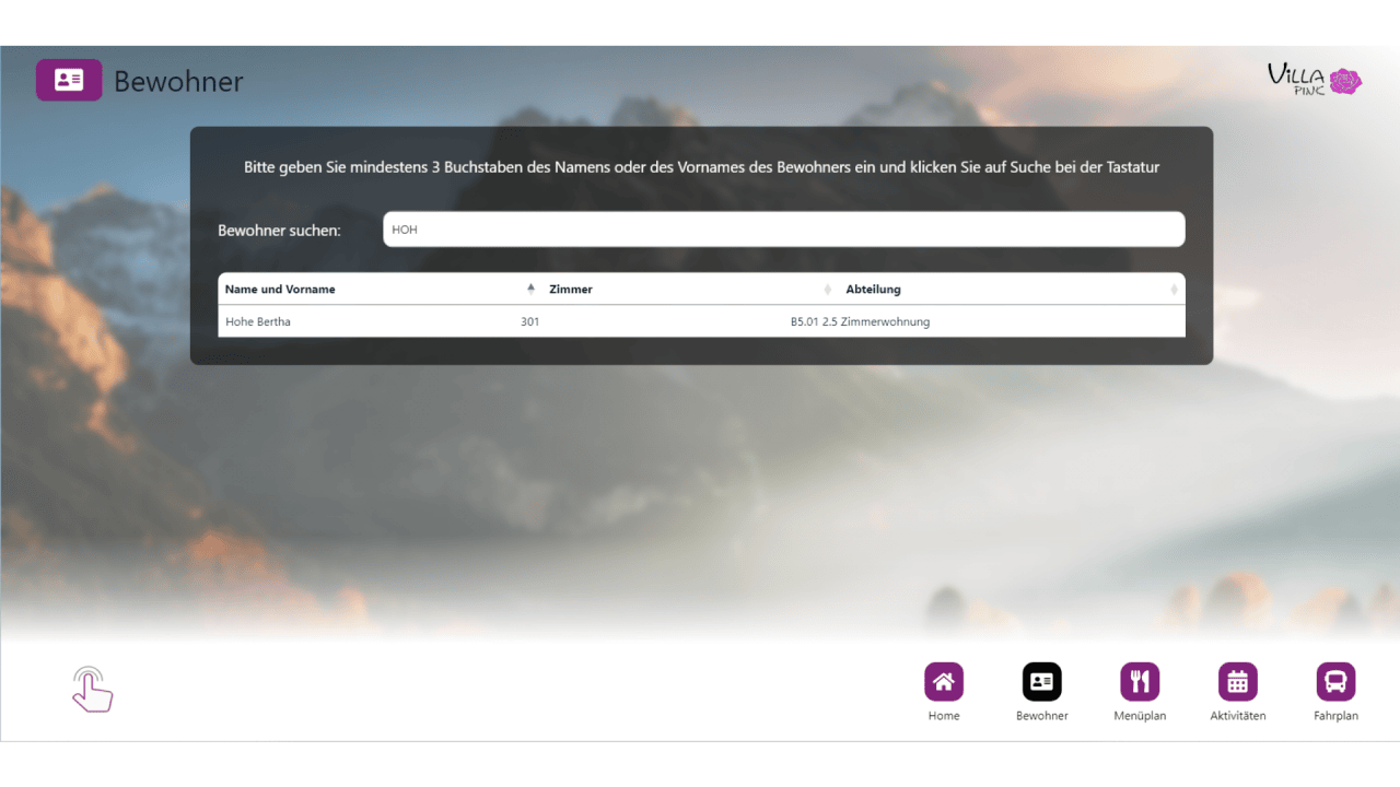 Empfangsbildschirm Frontend Bewohner