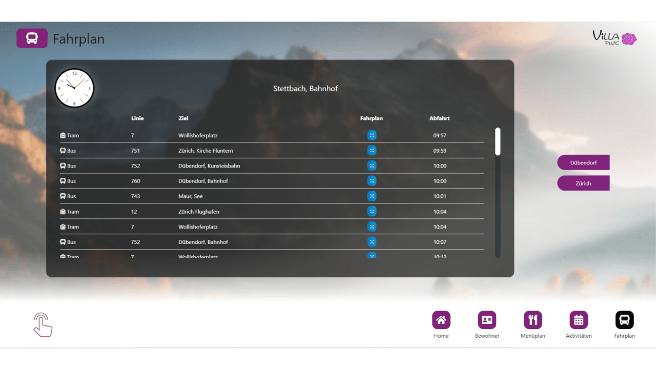 Empfangsbildschirm Frontend Fahrplan