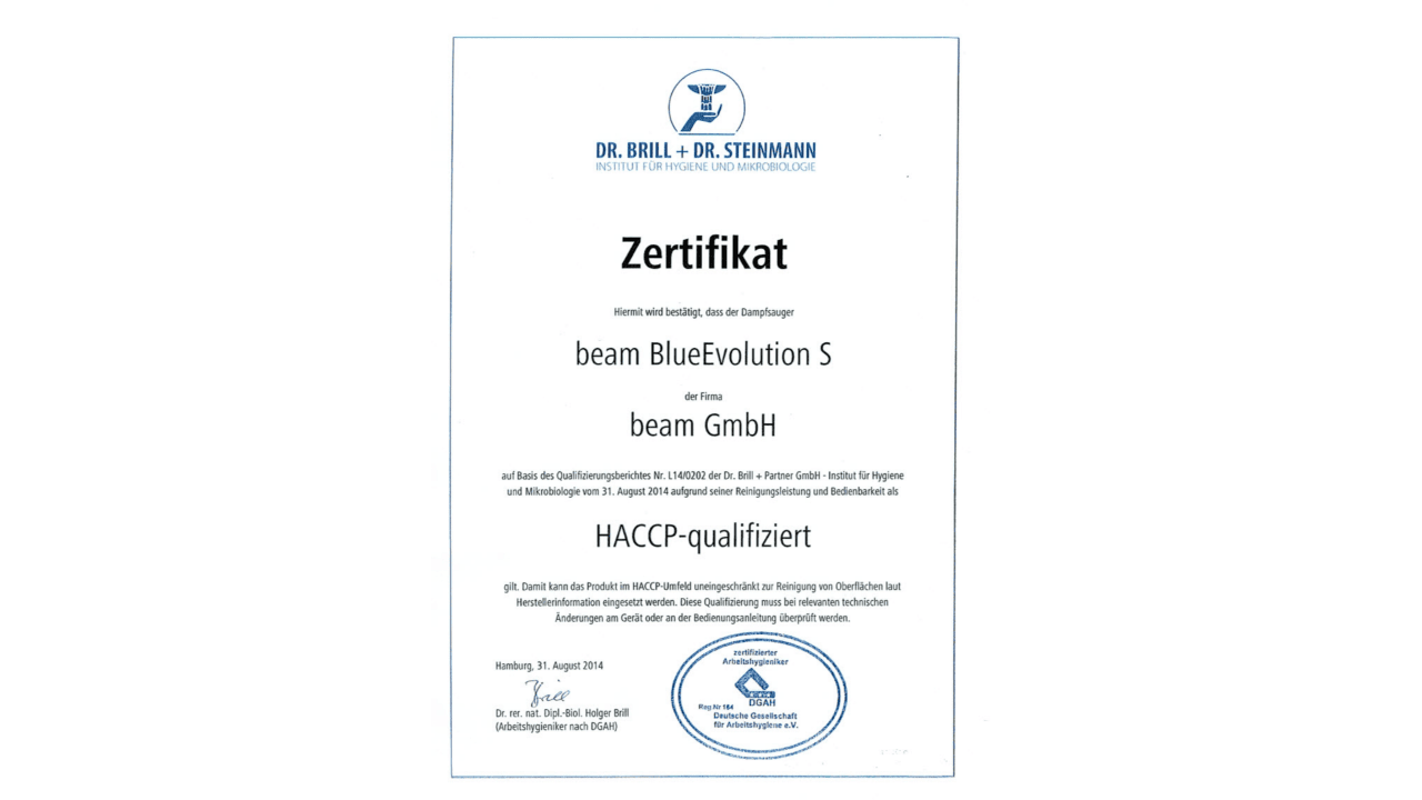 Zertifikat HACCP-qualifiziert für BlueEvolution S+