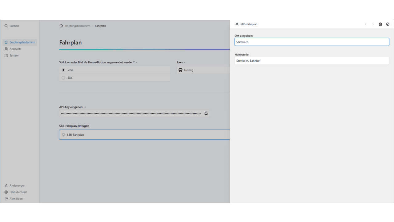 Empfangsbildschirm Backend Fahrplan