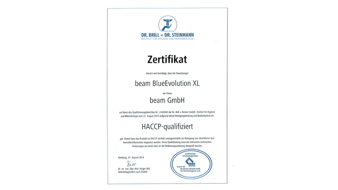 Zertifikat HACCP-qualifiziert für BlueEvolution XL+