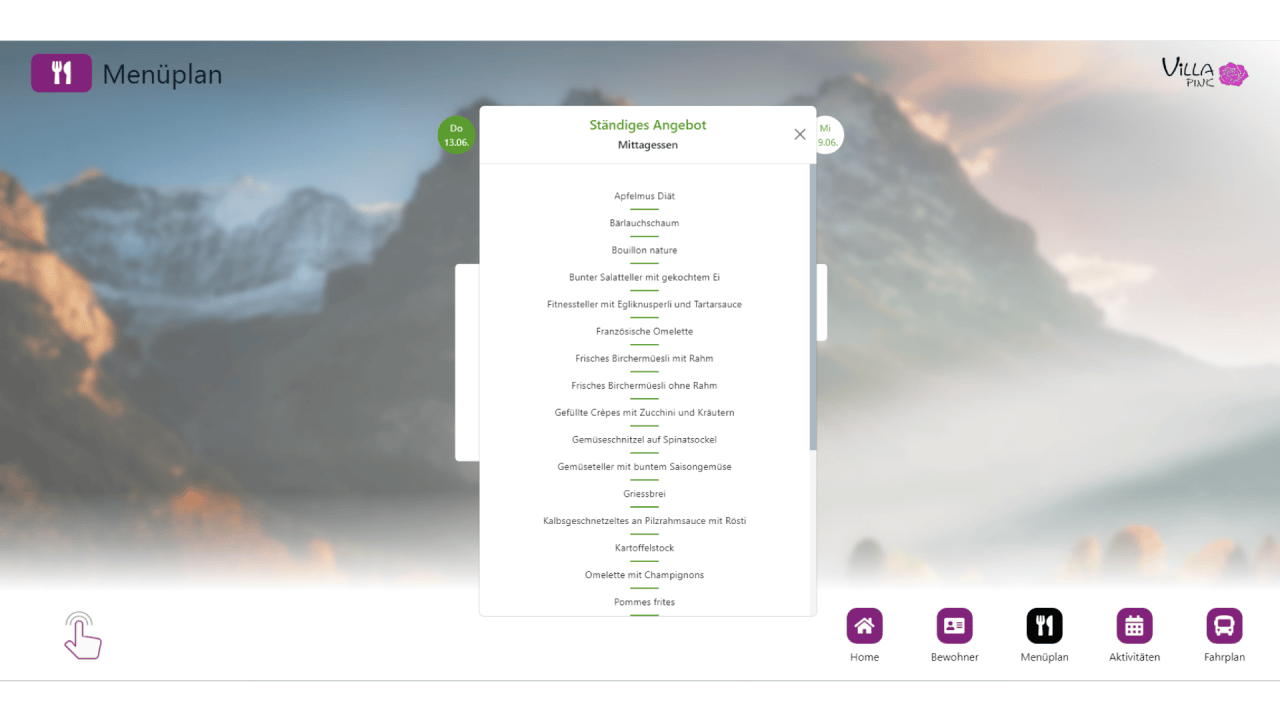 Empfangsbildschirm Frontend Menüplan