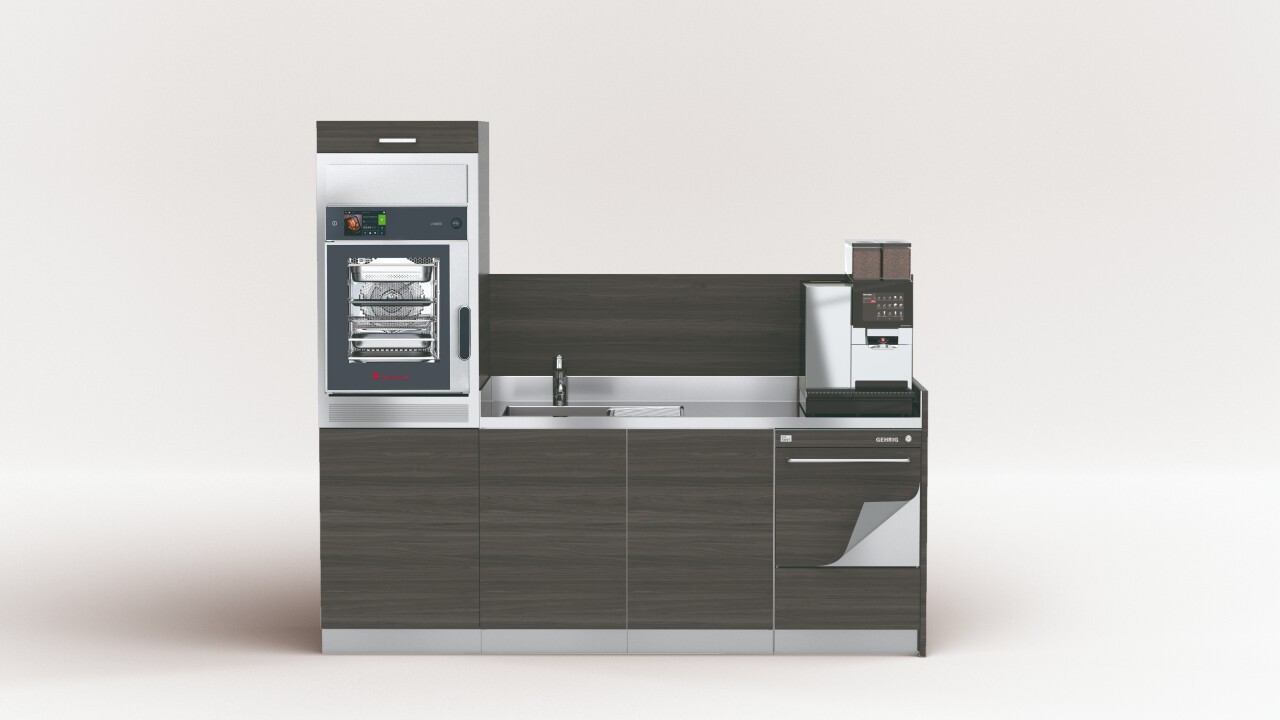 Muster-Küchenlösung mit Einbaugeräten: z.B. Kombidämpfer (Eloma Joker MT), Geschirrspülmaschine (GEHRIG GTW 1300T), Kaffeemaschine Vollautomat (Thermoplan Black&White4 compact).