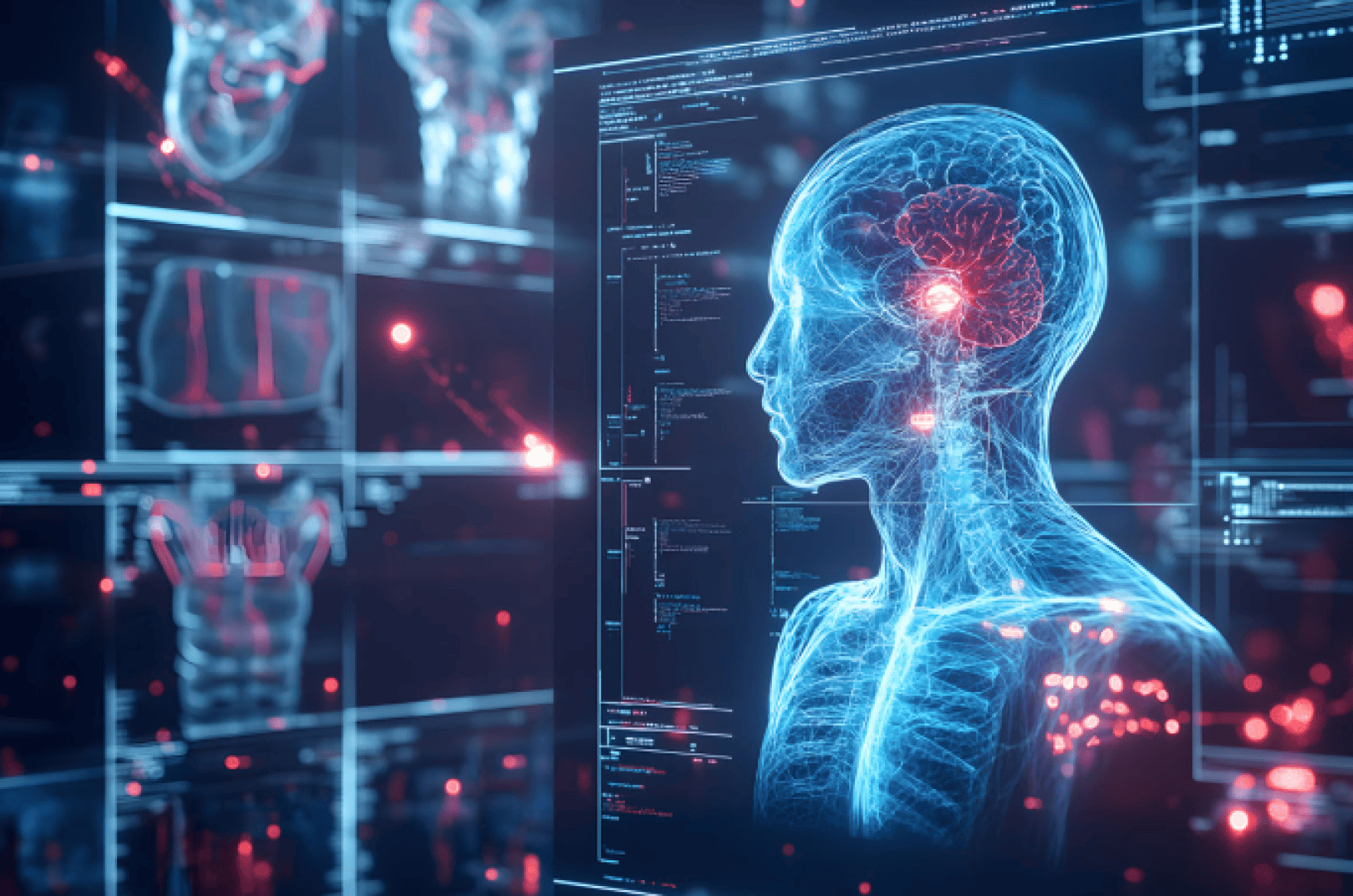 Digitale Illustration eines menschlichen Körpers und Gehirns in Blau, umgeben von medizinischen Daten, Scans und Diagrammen, die auf fortschrittliche Medizintechnik oder eine futuristische Schnittstelle im Gesundheitswesen hindeuten.