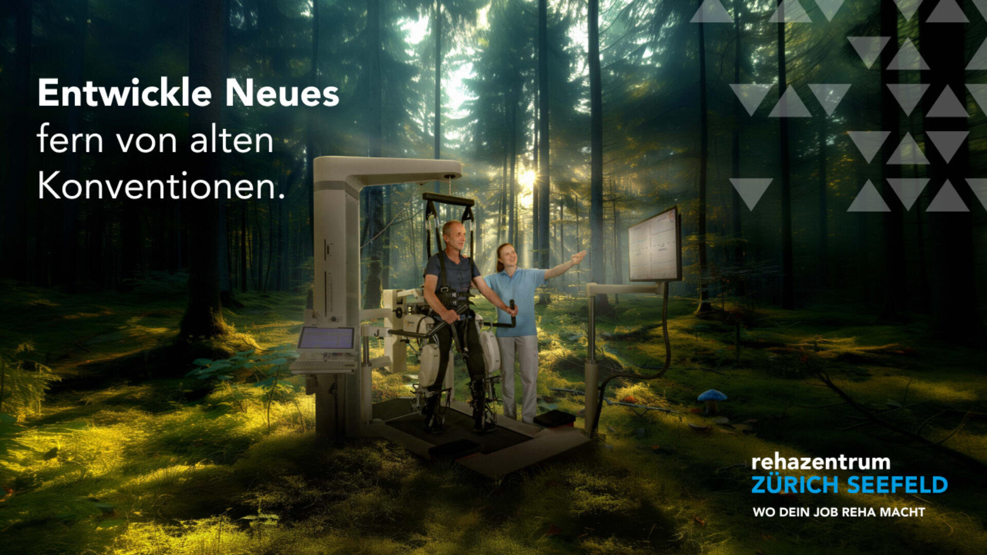 Ein Mann benutzt ein robotergestütztes Exoskelett, während eine Frau ihm in einem Wald mit digitalen Bildschirmen assistiert. Der Text lautet: Entwickle Neues fern von alten Konventionen. Rehazentrum Zürich Seefeld.