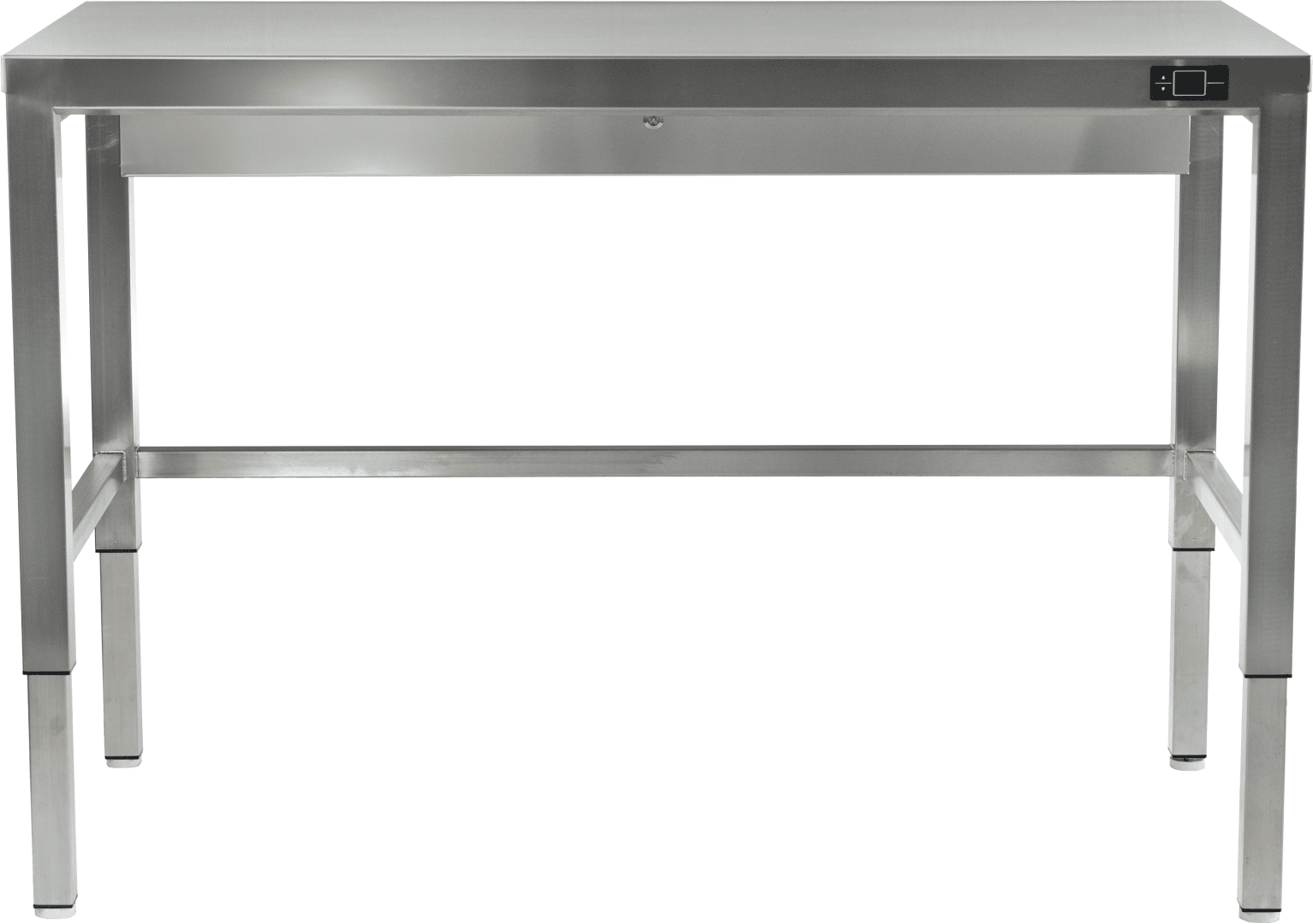 Une table en acier inoxydable avec quatre pieds, un plateau plat et un petit panneau de commande sur le côté avant droit. Le design est simple et industriel, adapté à un usage en laboratoire ou en cuisine.