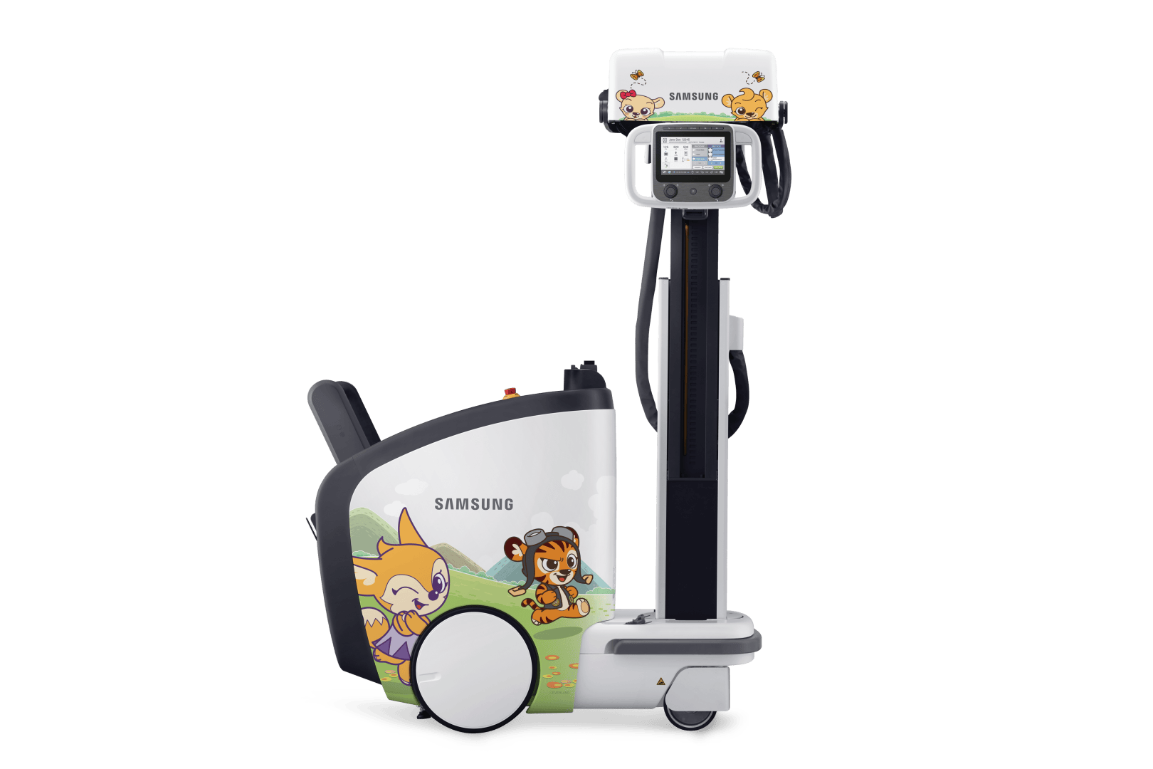 Ein tragbares Röntgengerät von Samsung, das mit Tierfiguren aus Zeichentrickfilmen – darunter ein Fuchs und ein Tiger – verziert ist, um das Gerät kinderfreundlicher zu gestalten. Das Gerät ist weiß und verfügt über bunte Grafiken sowie einen Bildschirm.