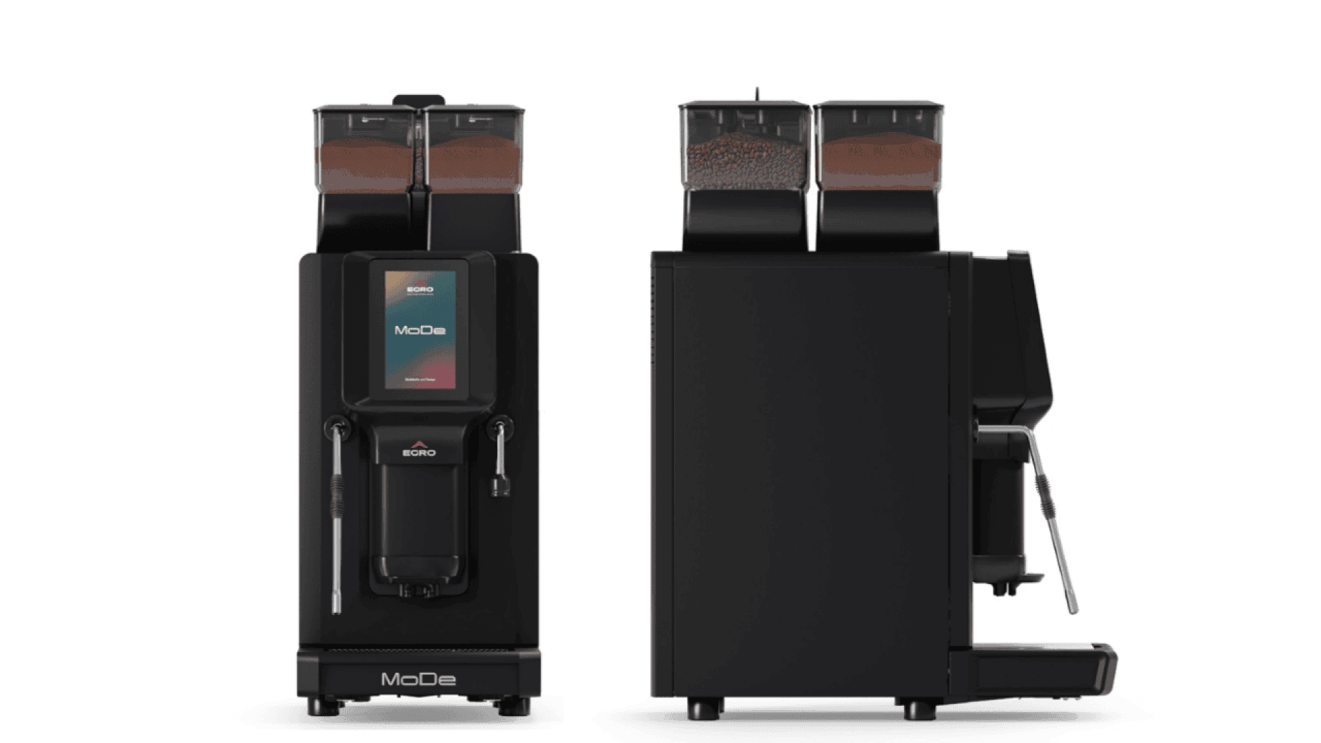 Deux vues d'une machine à café commerciale noire avec deux trémies à grains, un écran tactile et un mousseur à lait, montrés de face et de côté sur un fond blanc.