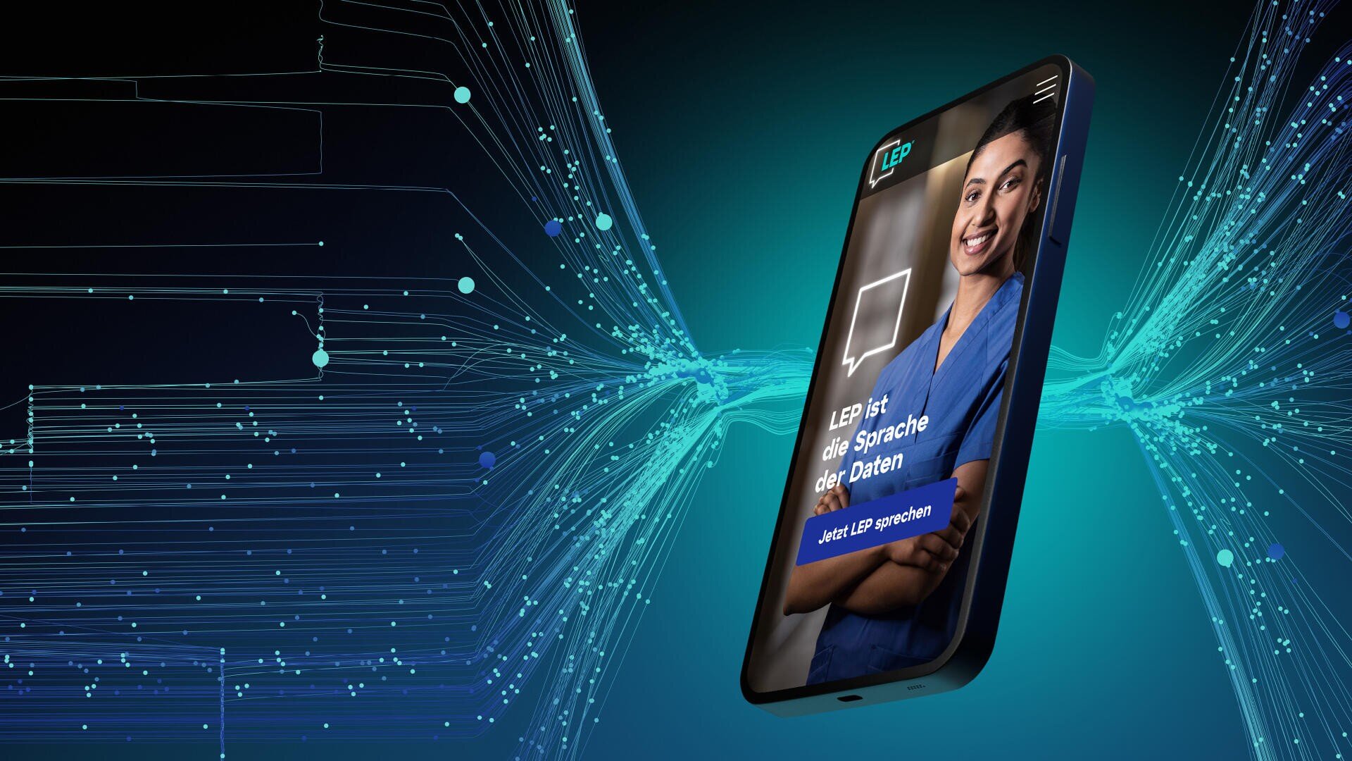 Ein Smartphone zeigt ein lächelndes medizinisches Fachpersonal in blauem Kittel auf dem Bildschirm einer medizinischen App, wobei digitale Linien und Knoten in Blautönen einen technisch inspirierten Hintergrund bilden.