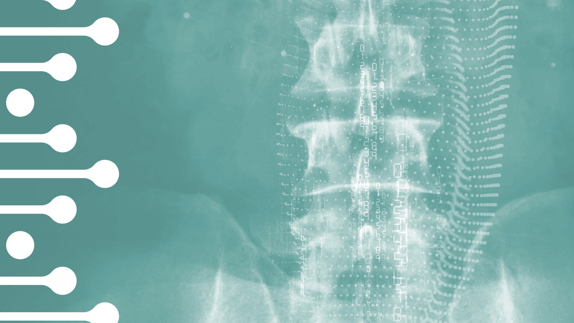 Abstraktes Bild mit dem Röntgenbild einer menschlichen Wirbelsäule, überlagert von digitalen Punkten und Linien, vor einem blaugrünen Hintergrund mit einem kreisförmigen Muster am linken Rand.
