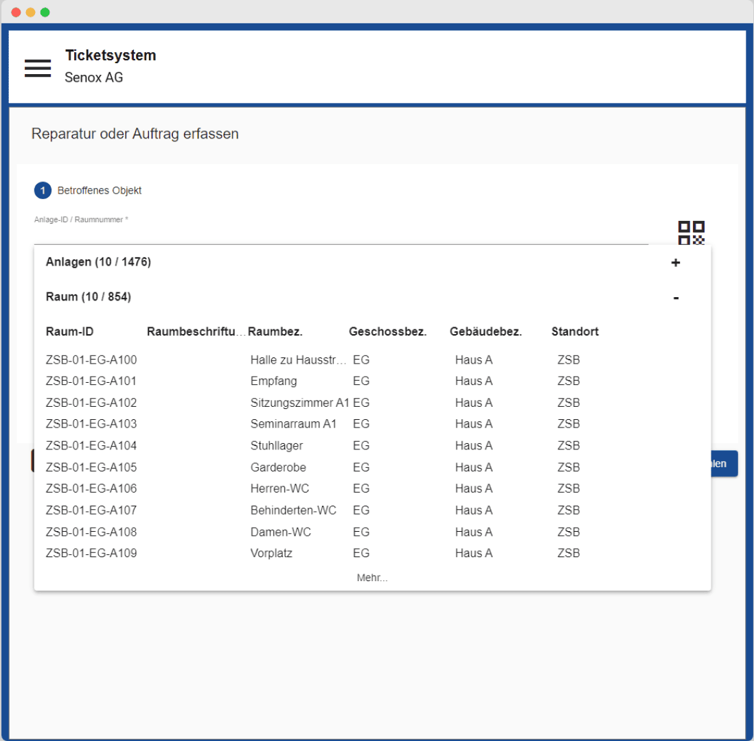 Ein Screenshot der Benutzeroberfläche eines Ticket-Systems auf Deutsch, der eine Liste von Räumen mit Angaben wie Raum-ID, Beschreibung, Etage, Gebäude und Standort in einem Popup-Fenster zeigt. Im Hintergrund ist ein Formular zur Meldung von Problemen oder Aufgaben zu sehen.