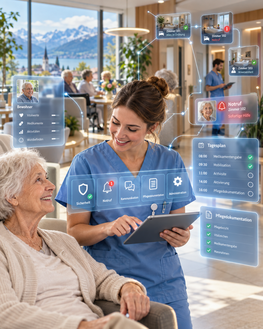 Une infirmière utilisant une tablette dans un établissement de soins, avec des superpositions en réalité augmentée affichant les données de santé des patients, les alertes d'urgence et le programme quotidien.