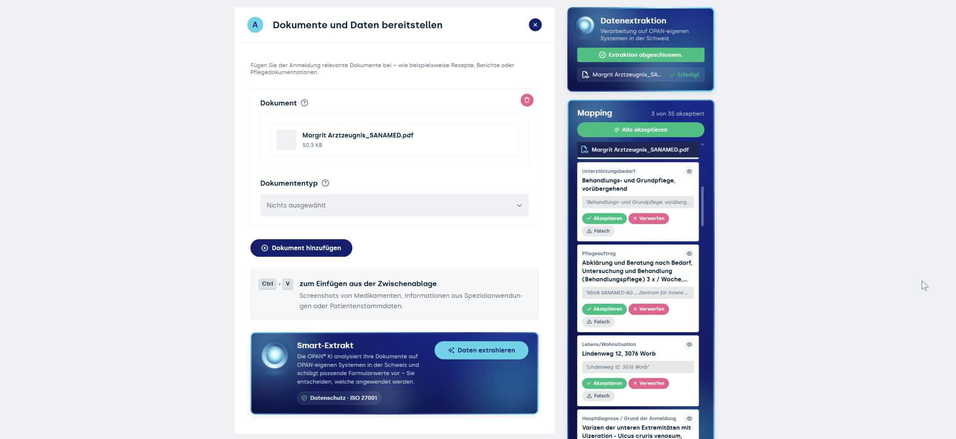 Software-Oberfläche zur Dokumentenbearbeitung, die links ein Formular zum Hochladen von Dokumenten und rechts einen Bereich zur Überprüfung der Zuordnung mit Feldern für die Behandlung des Patienten, den Pflegebedarf und die Adresse anzeigt.