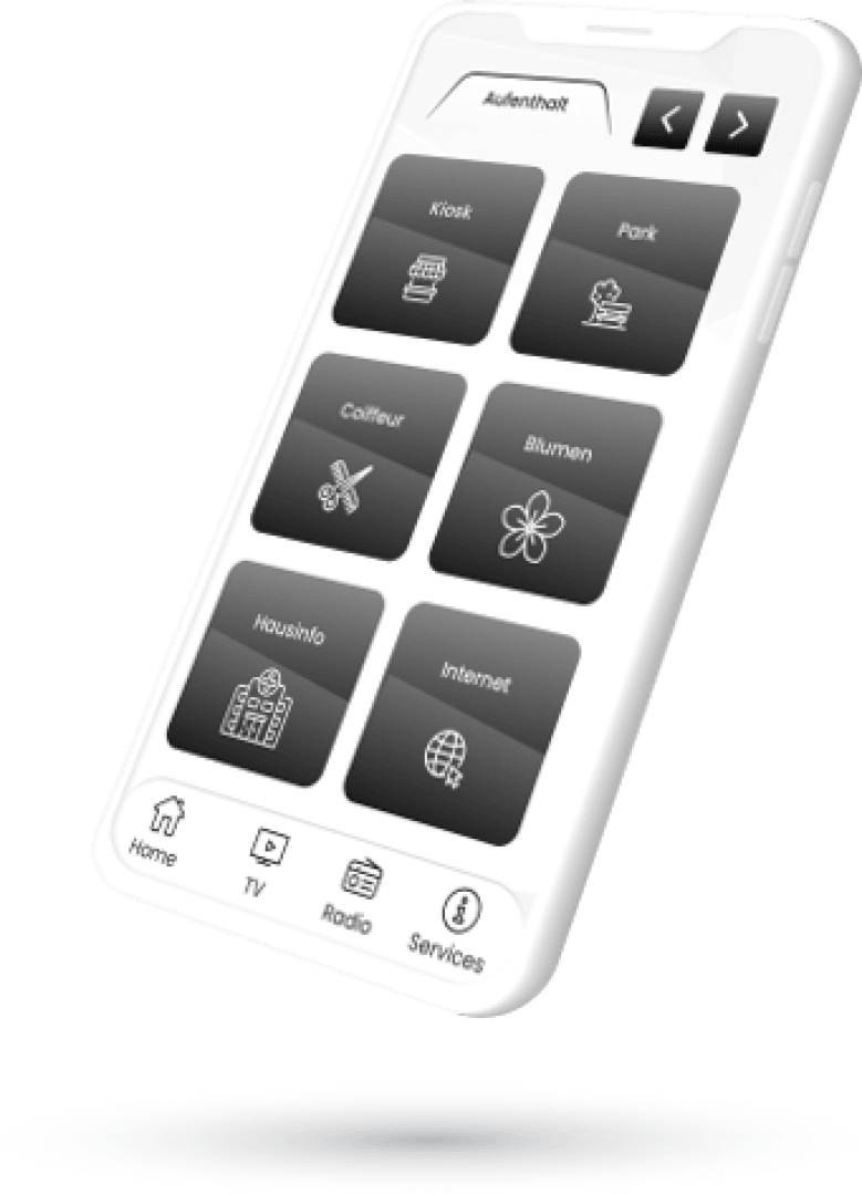 Ein Smartphone-Bildschirm zeigt eine deutschsprachige App-Oberfläche mit sechs schwarzen Symbolen für Kiosk, Park, Friseur, Blumen, Reinigung und Internet. Navigationsschaltflächen und ein unteres Menü mit Home, TV, Radio und Services sind sichtbar.