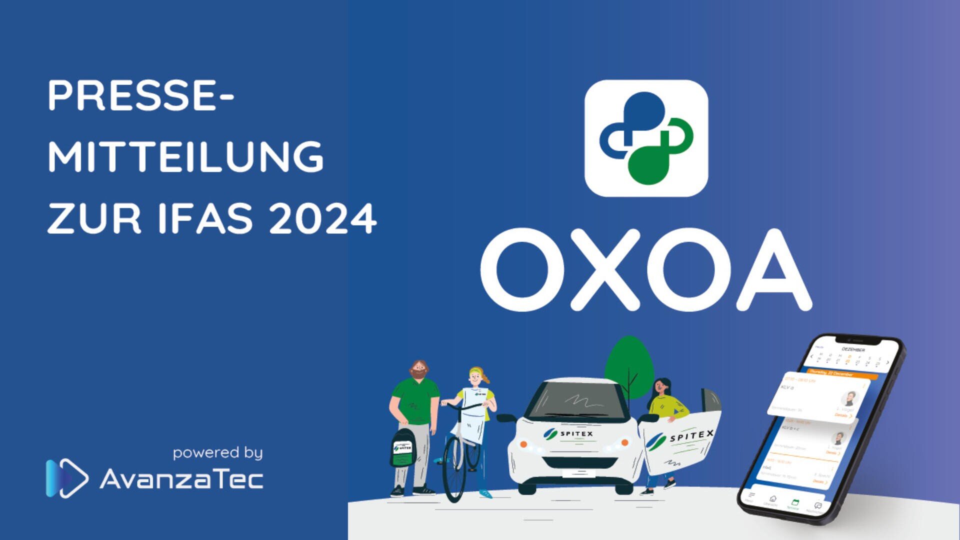 Illustration mit dem Text "Pressemitteilung zur IFAS 2024 OXOA", die Mitarbeitende im Gesundheitswesen, ein Spitex-Fahrzeug, ein Smartphone mit einer App und das AvanzaTec-Logo zeigt.