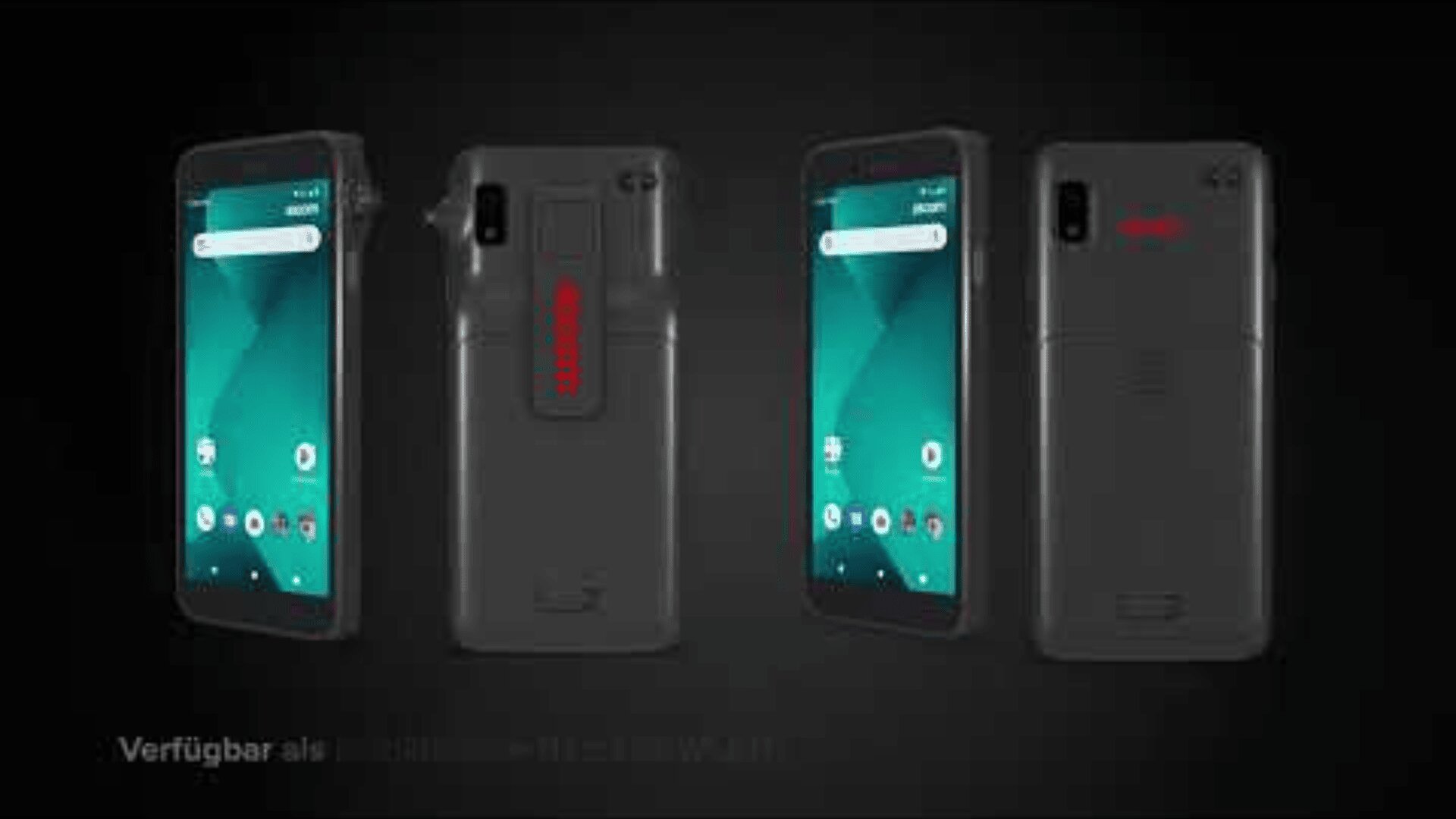 Vier schwarze Smartphones werden aus verschiedenen Blickwinkeln mit nach vorne und hinten gerichteten Android-Home-Bildschirmen gezeigt, die ein robustes Design und einen roten Akzent mit der Aufschrift Zebra auf dem Geräteclip aufweisen.