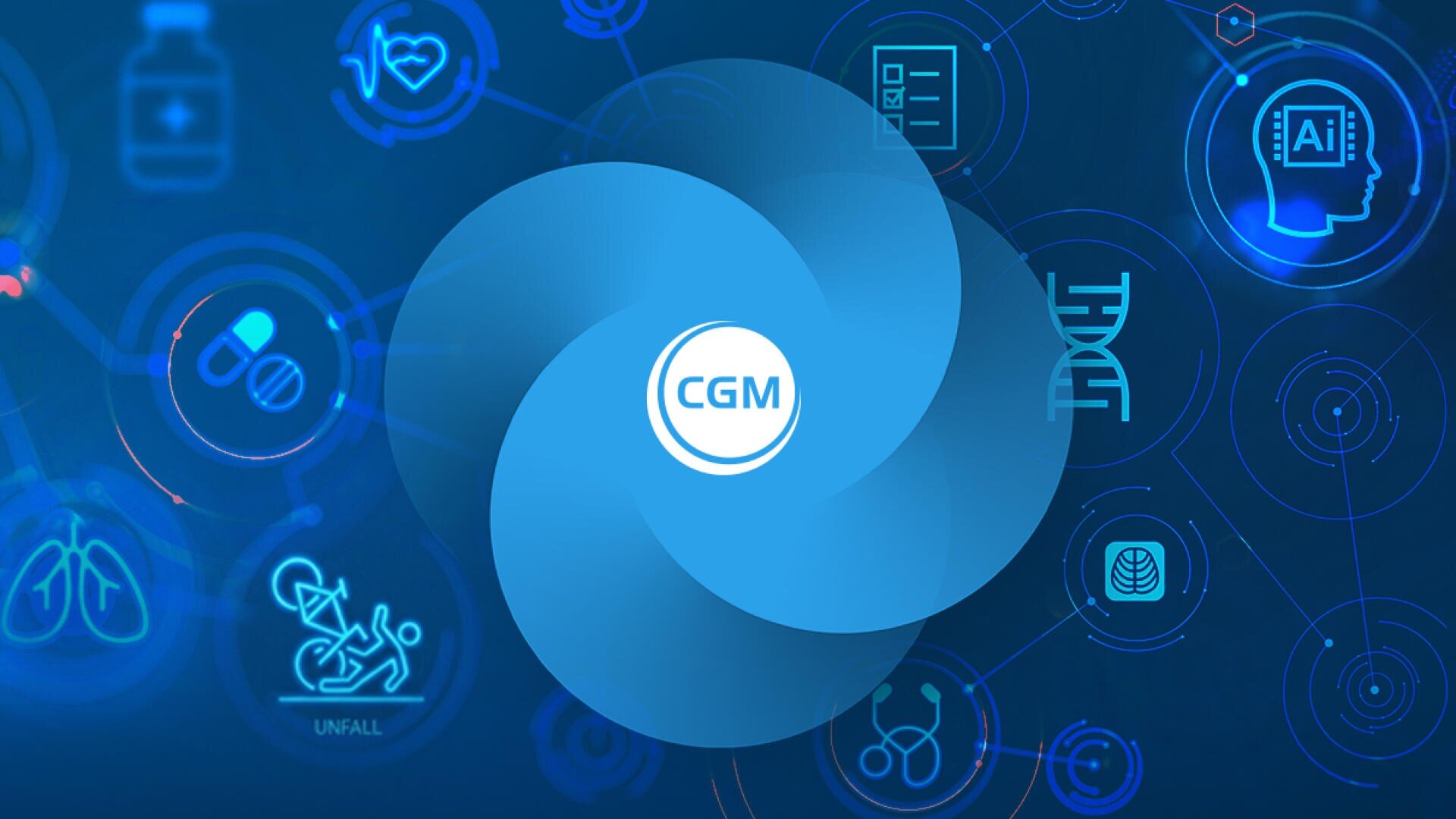 Blaue digitale Grafik mit einem CGM-Logo in der Mitte, umgeben von Symbolen, die für das Gesundheitswesen, KI, Gene, Tabletten, Lungen und medizinische Daten stehen und alle durch leuchtende Linien auf dunkelblauem Hintergrund miteinander verbunden sind.