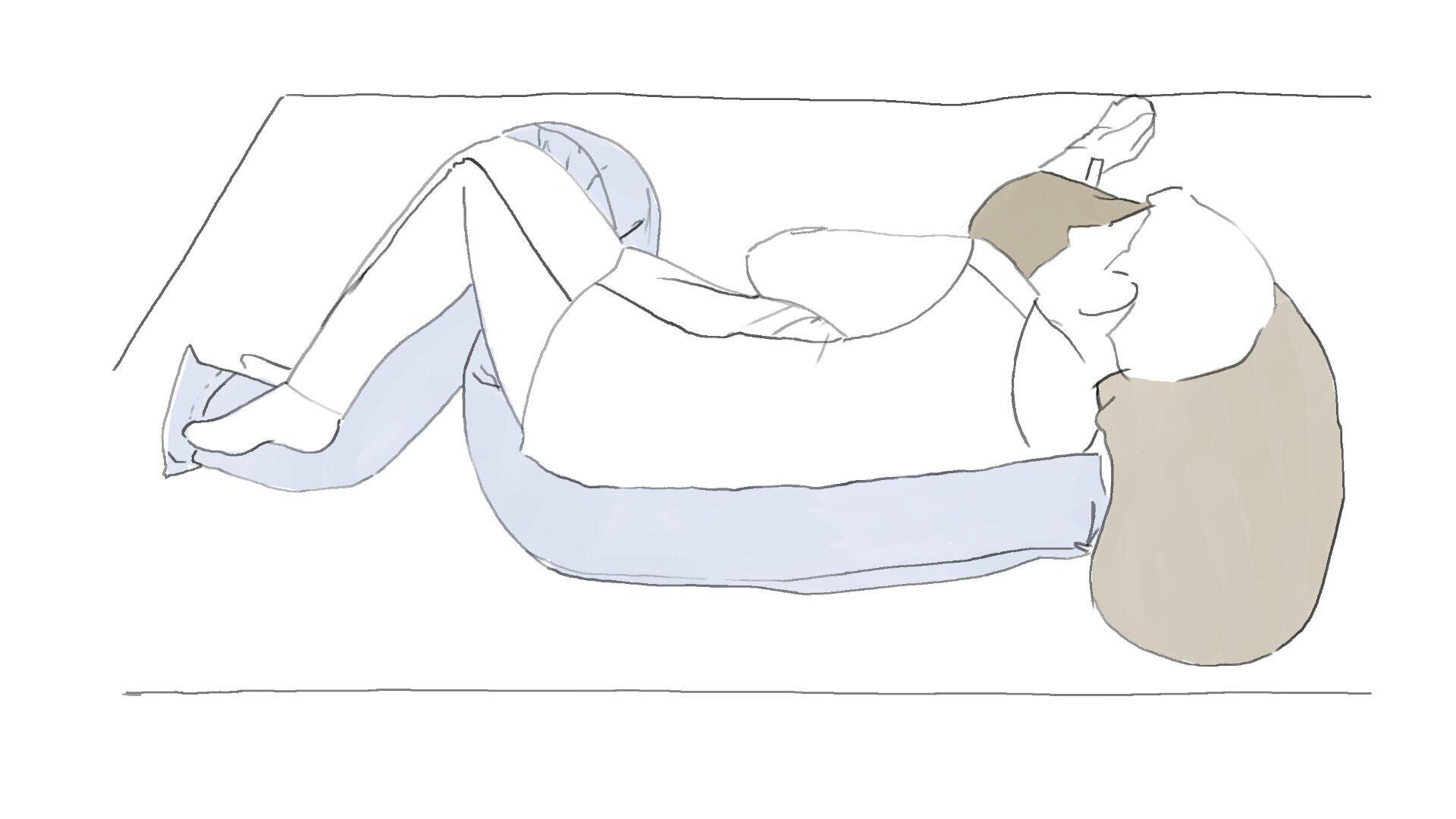 Eine Person liegt auf der Seite, ein großes Kissen stützt Rücken, Kopf und ein Bein, während der andere Arm und das andere Bein auf dem Bett ruhen. Die Zeichnung ist in sanften Blau- und Beigetönen gehalten.