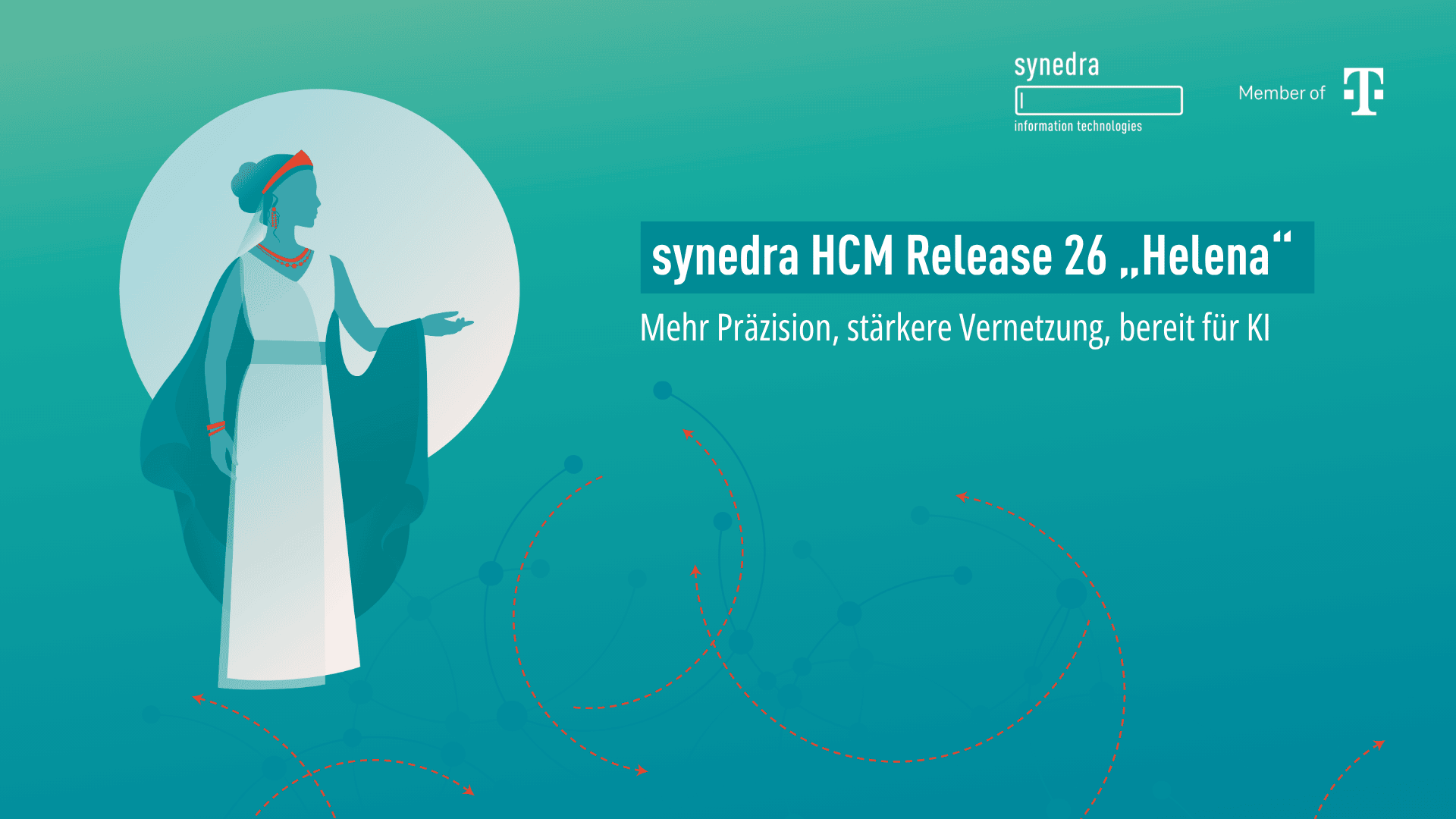 Illustration einer Frau in einem weiß-roten Kleid, die nach links deutet, mit digitalem Hintergrund und einem Text, der für synedra HCM Release 26 „Helena“ und dessen Funktionen auf Deutsch wirbt.