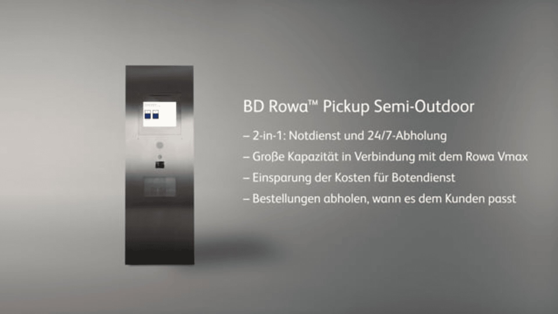 Ein BD Rowa Pickup Semi-Outdoor-Automat ist neben einem deutschen Text abgebildet, in dem seine Merkmale aufgeführt sind, darunter Abholung rund um die Uhr, große Kapazität, Kosteneinsparungen und flexible Kundenabholzeiten.