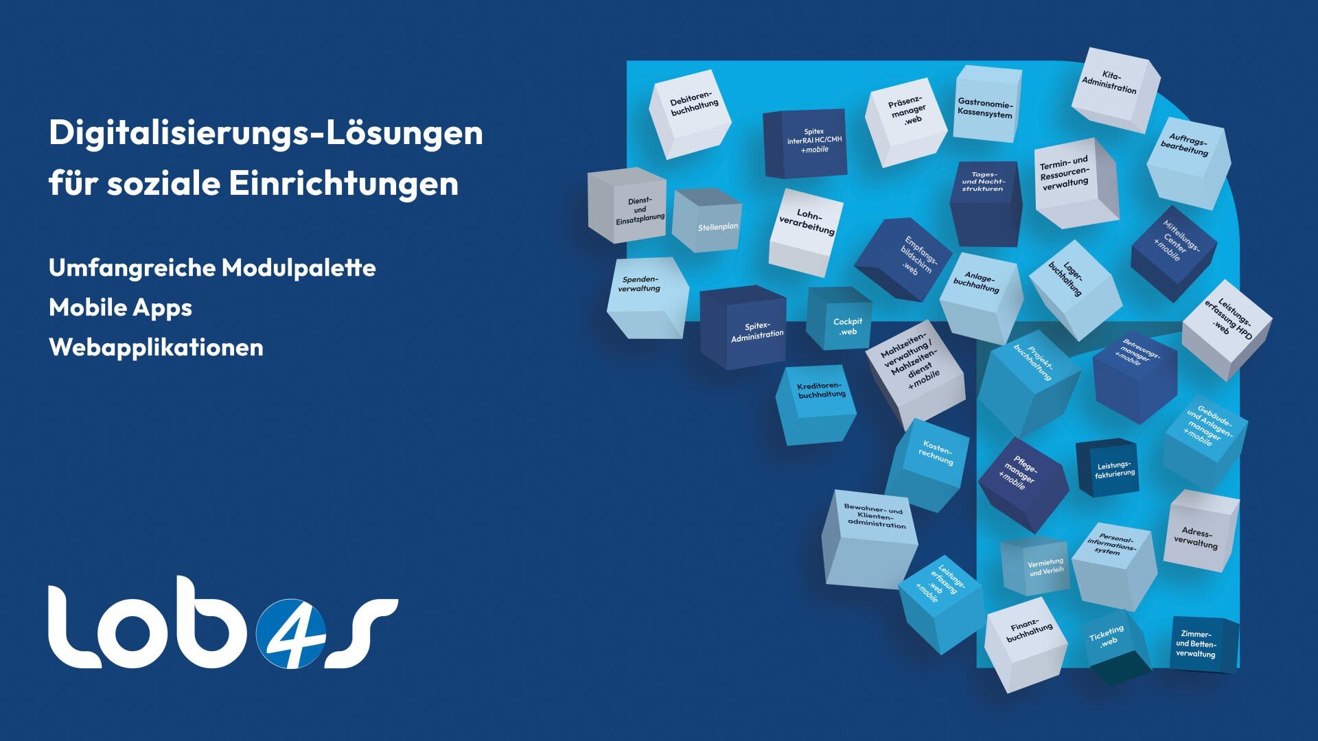 Werbegrafik für die Software Lob4s mit einer Wolke aus schwebenden quadratischen Symbolen, die jeweils mit verschiedenen Verwaltungs- und Management-Servicemodulen für soziale Einrichtungen beschriftet sind.