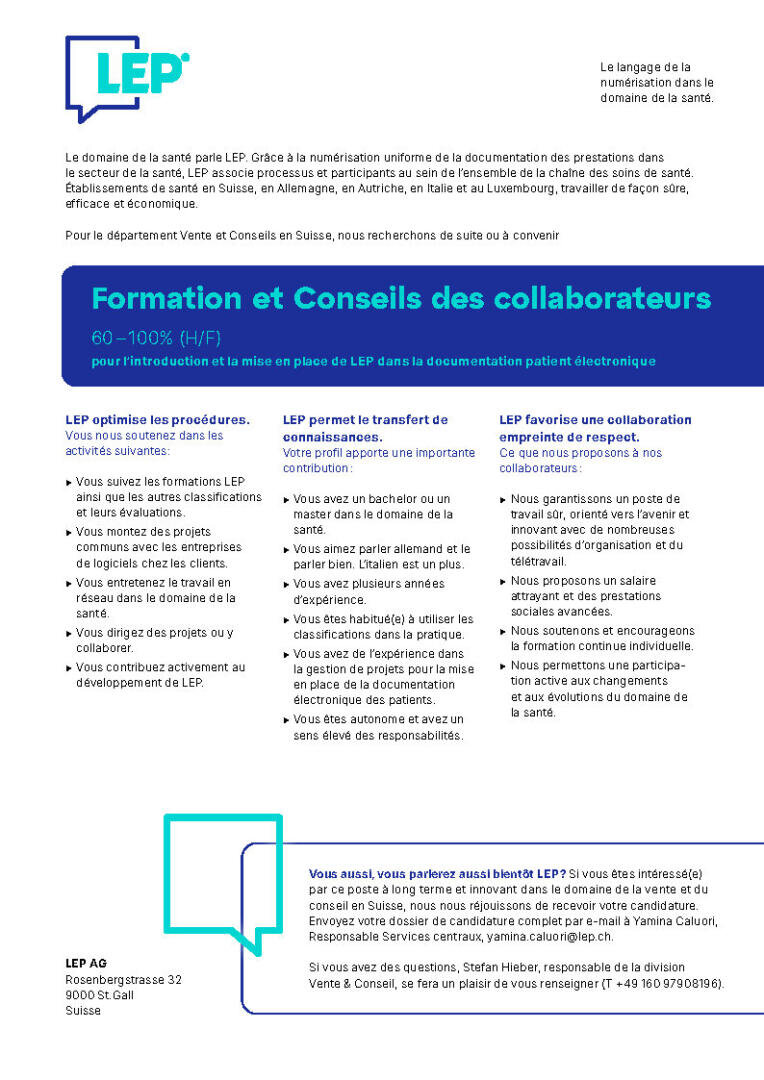 Un prospectus en français du LEP annonce un poste à 60-100% (H/F) pour la formation et le soutien du personnel en matière de documentation numérique sur la santé, avec des détails sur le rôle, les exigences et les informations de contact au bas de la page.