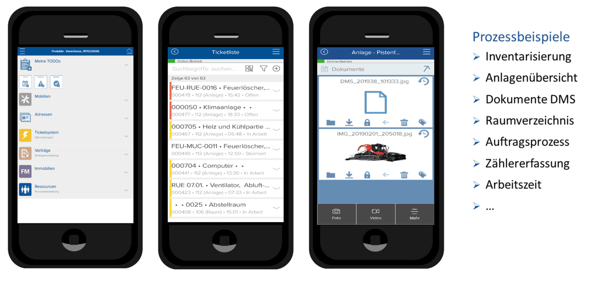 Auf drei Smartphones sind verschiedene App-Bildschirme mit Listen, Symbolen und einem Fahrzeugbild zu sehen. Daneben sind in deutscher Sprache Anwendungsbeispiele wie Bestandsverwaltung, Dokumentenmanagement, Raumverzeichnis, Bestellungen, Zählerstandserfassung und Arbeitszeit aufgeführt.
