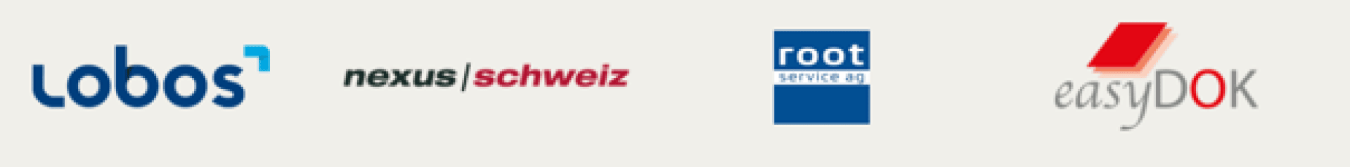 Logos für Lobos, nexus/schweiz, root service ag und easyDOK.