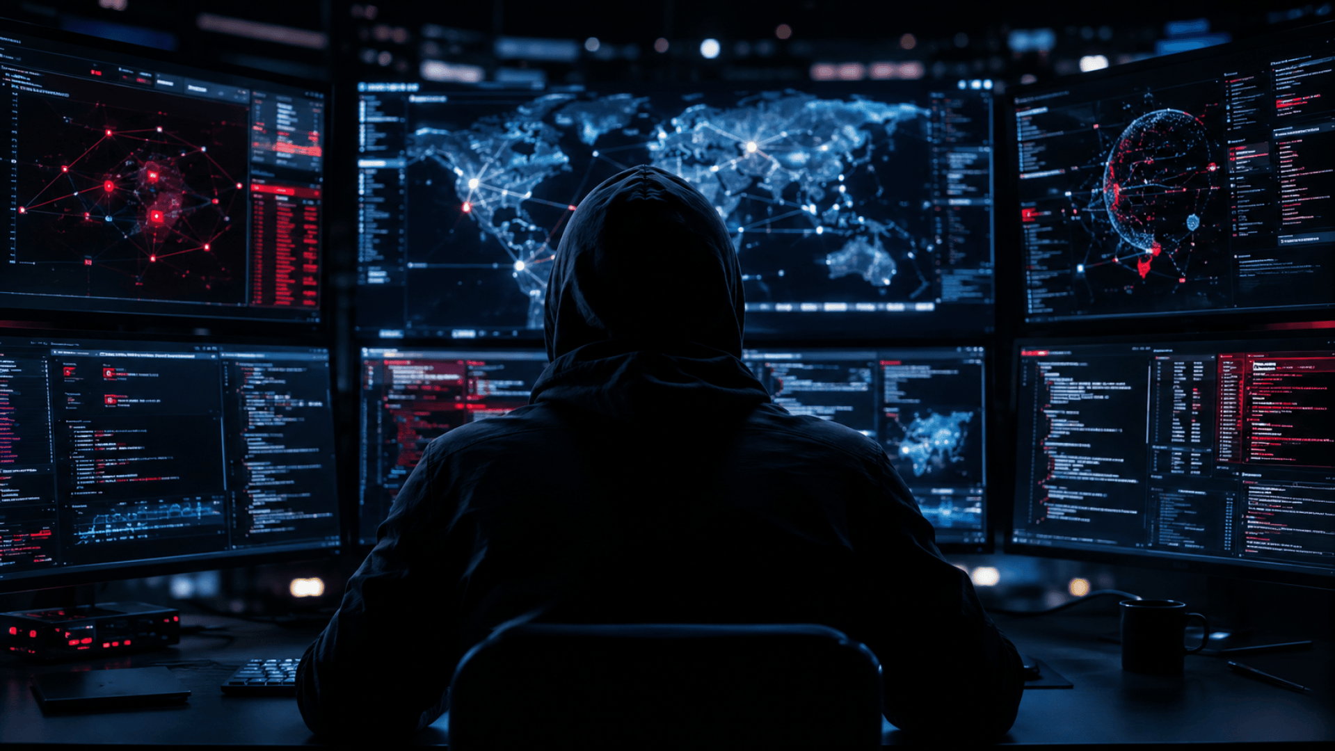 Une personne vêtue d'un sweat à capuche est assise devant plusieurs écrans sur lesquels apparaissent des cartes, des graphiques et du code, ce qui suggère des activités liées à la cybersécurité, au piratage informatique ou à la cybercriminalité dans un environnement high-tech plongé dans la pénombre.
