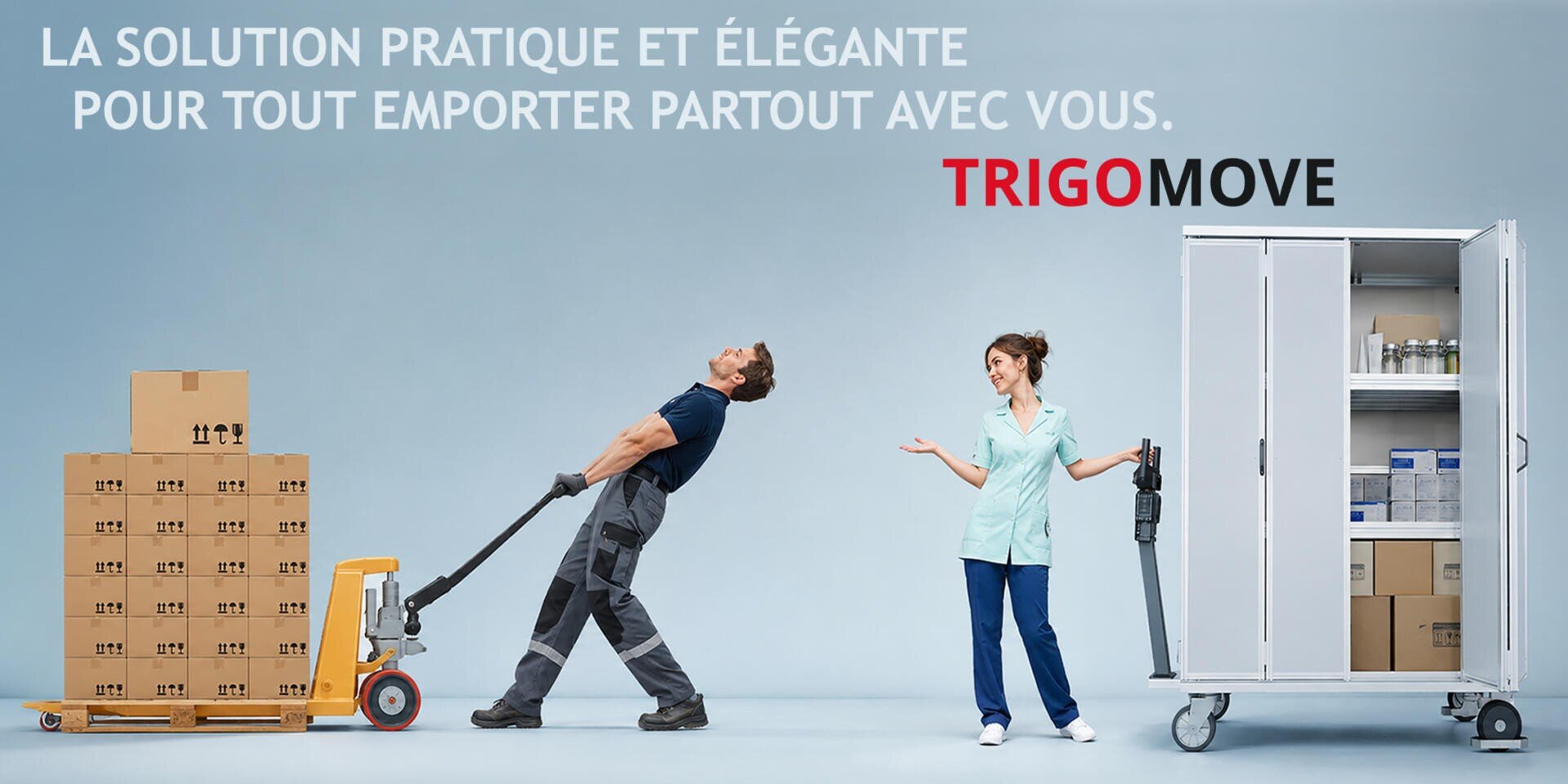 Un homme peine à tirer un transpalette chargé, tandis qu'une femme manœuvre sans peine un chariot de stockage médical. Le texte en français ci-dessus présente TRIGOMOVE comme une solution de transport à la fois pratique et élégante.