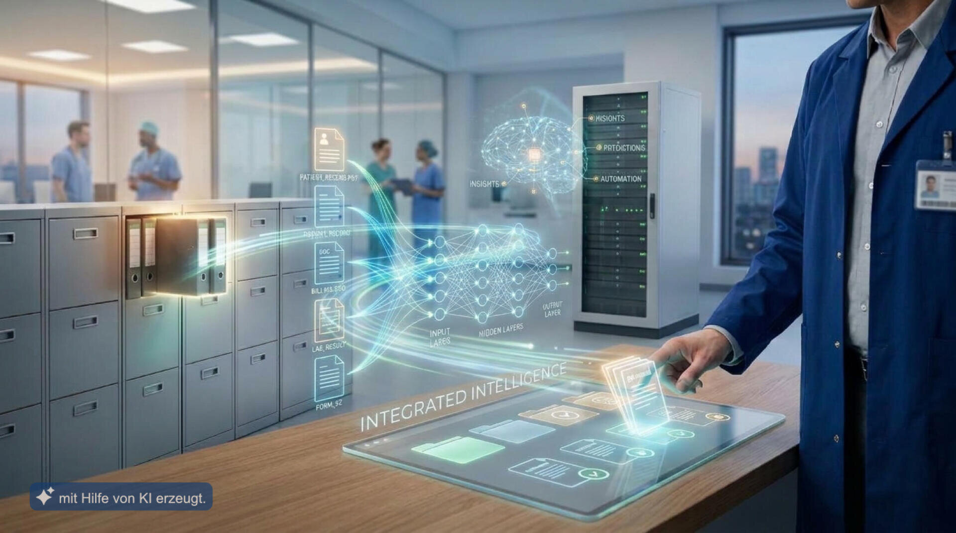 Eine Person in einem Krankenhausbüro interagiert mit einer holografischen Anzeige, auf der Datenverarbeitung, ein neuronales Netzwerk und Patientenakten dargestellt werden.
