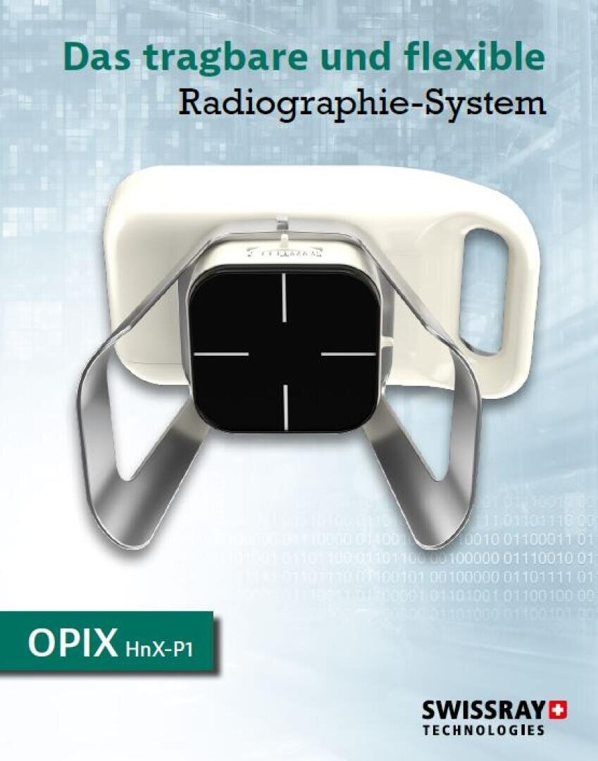Ein tragbares und flexibles Röntgensystem mit der Bezeichnung „OPIX HnX-P1“, abgebildet auf blauem Hintergrund mit dem Logo von Swissray Technologies unten rechts.