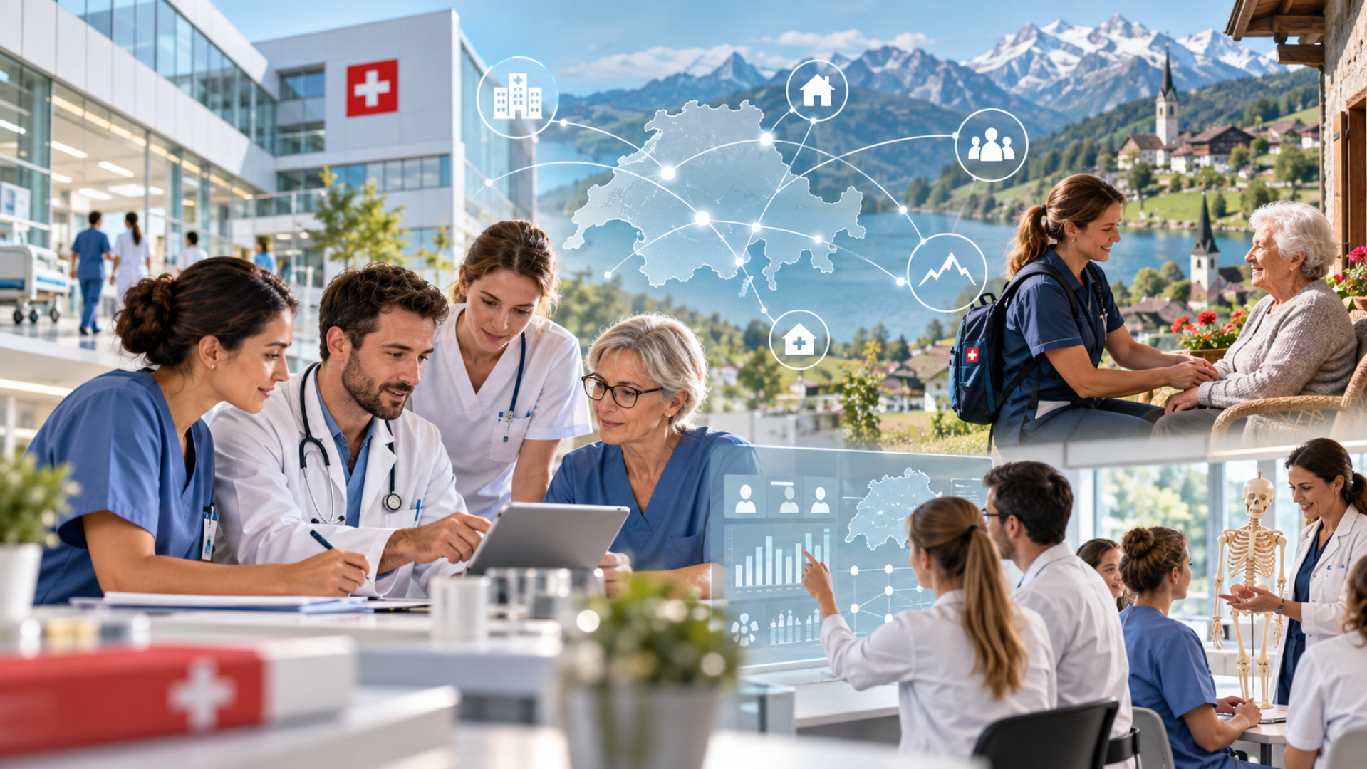 Ärzte arbeiten in einem modernen Schweizer Krankenhaus zusammen, wobei digitale Gesundheitssymbole das Bild überlagern. Die Einblendung zeigt medizinisches Personal im Gespräch mit Patienten im Freien, im Hintergrund sind Berge und ein Dorf zu sehen.