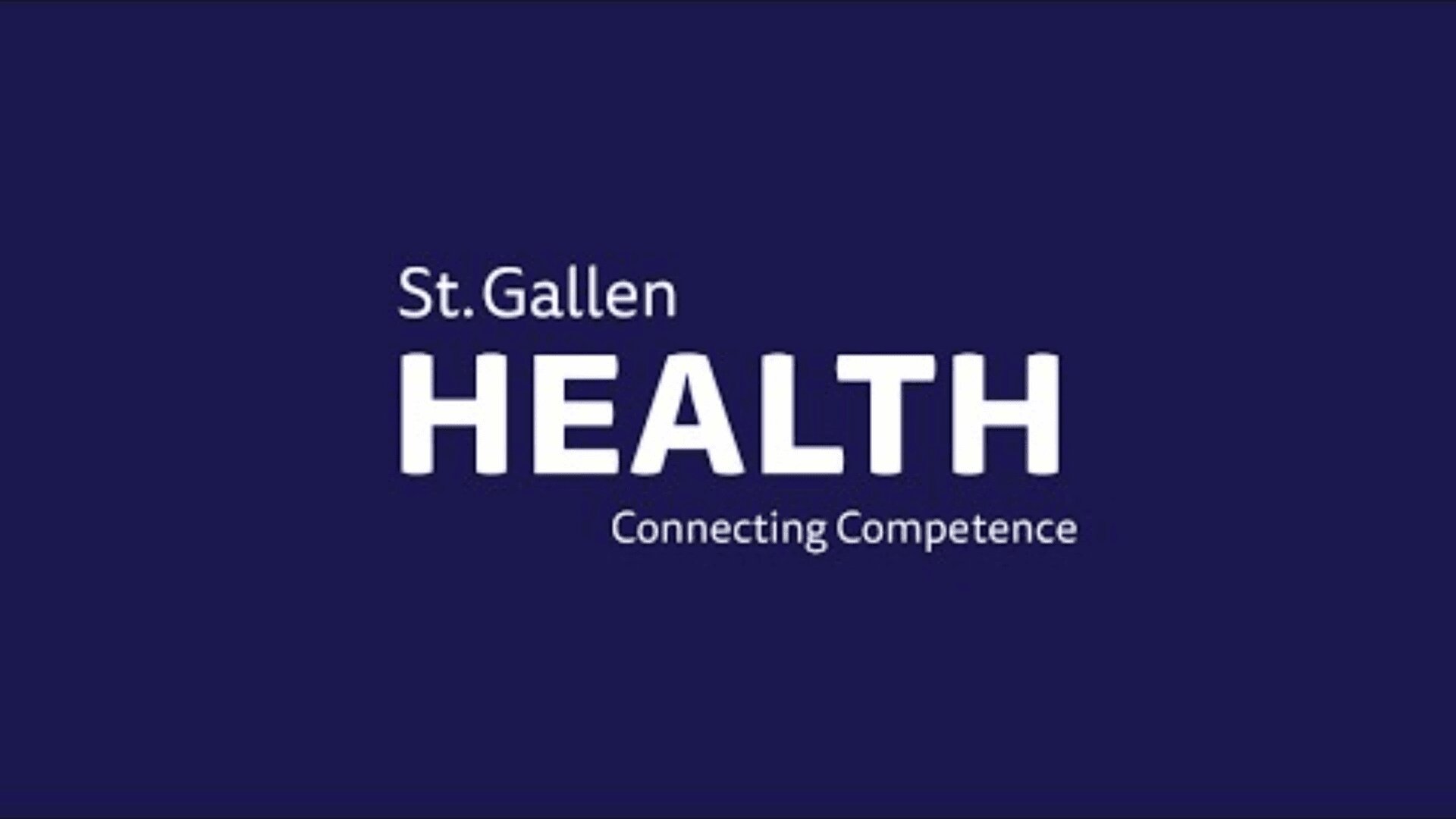 Le texte blanc sur fond bleu foncé indique SANTÉ DE ST-GALL avec le slogan Connecting Competence en dessous.