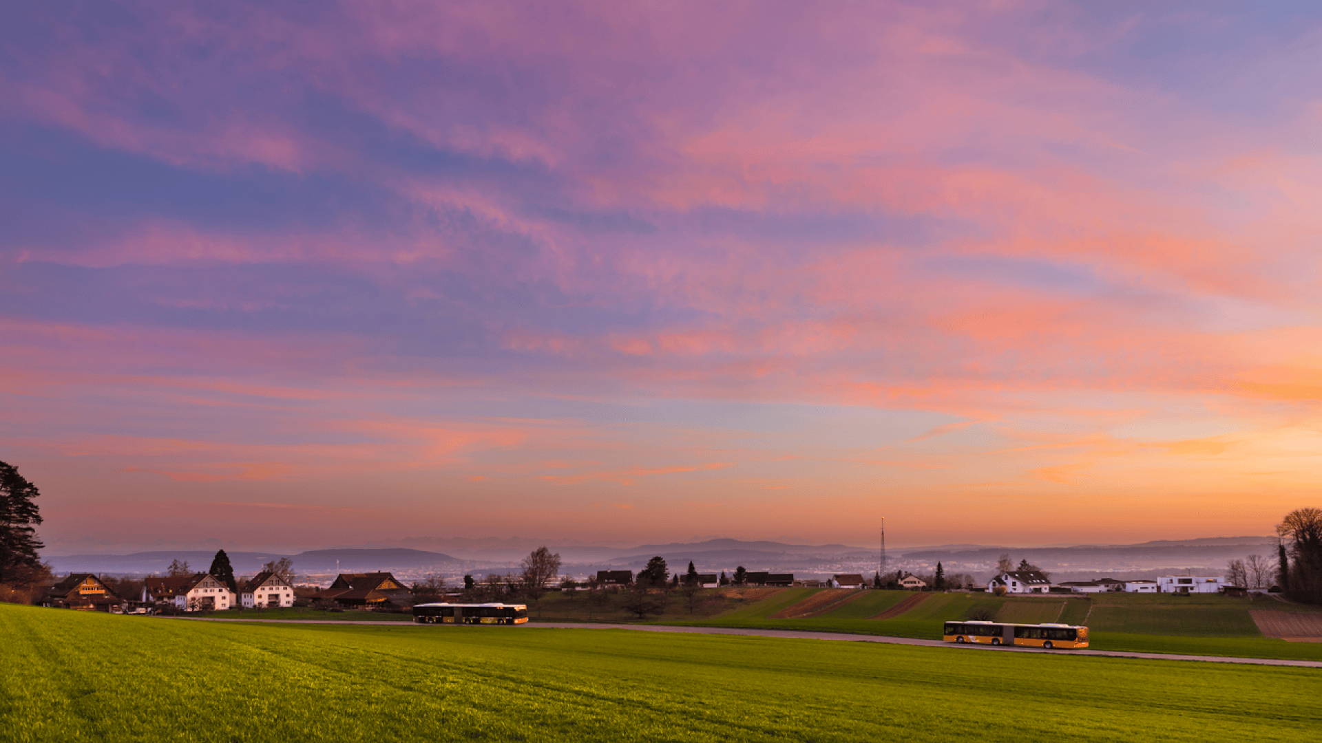 Eine malerische Landschaft bei Sonnenaufgang oder Sonnenuntergang mit einem leuchtend rosa und orangefarbenen Himmel, grünen Feldern, zwei gelben Bussen auf einer Straße und verstreuten Häusern in der Ferne. Unter den bunten Wolken sind sanfte Hügel zu erkennen.