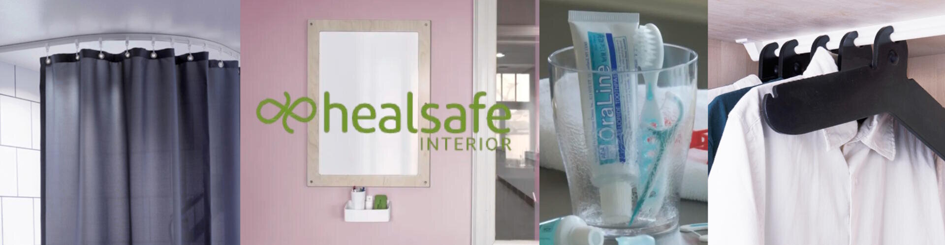 Das Healsafe Interior-Logo zwischen einem Duschvorhang, einem Zahnbürstenhalter und einem weißen Hemd an einem abnehmbaren Kleiderbügel.