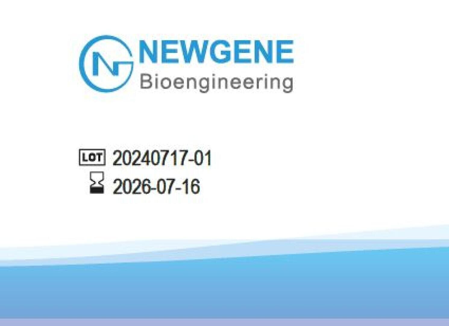 Etikett für NEWGENE Bioengineering mit einem Logo, einer Losnummer 20240717-01 und einem Verfallsdatum 2026-07-16 auf weißem und blauem Hintergrund.