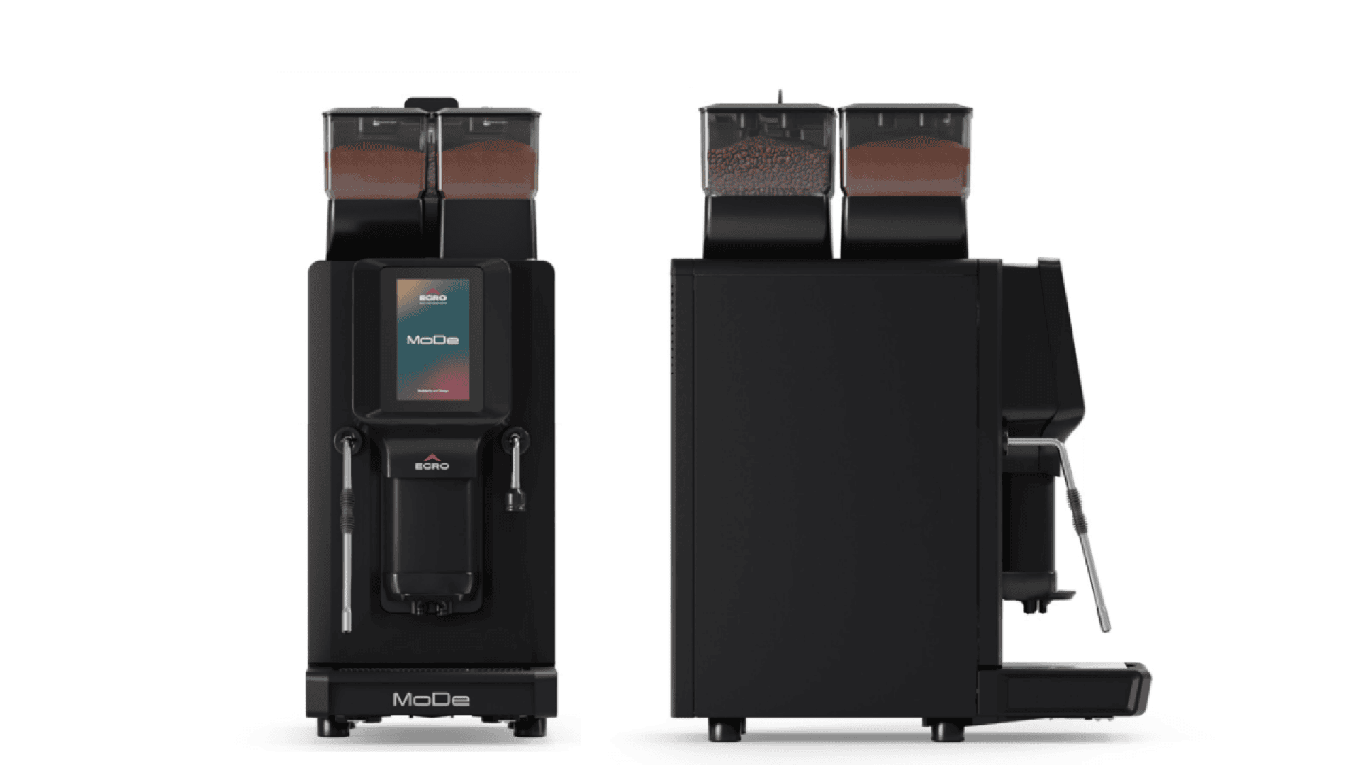 Zwei Ansichten einer modernen schwarzen Kaffeemaschine mit zwei Bohnenbehältern an der Oberseite, einem Touchscreen-Display an der Vorderseite und einem Dampfrohr an der Seite. Die Maschine wird von vorne und von der Seite gezeigt.