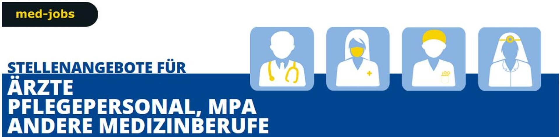 Banner mit Text Stellenangebote für Ärzte, Pflegepersonal, MPA, andere Medizinberufe und Icons von medizinischen Fachkräften auf blauem Hintergrund, mit einem med-jobs-Label in der oberen linken Ecke.
