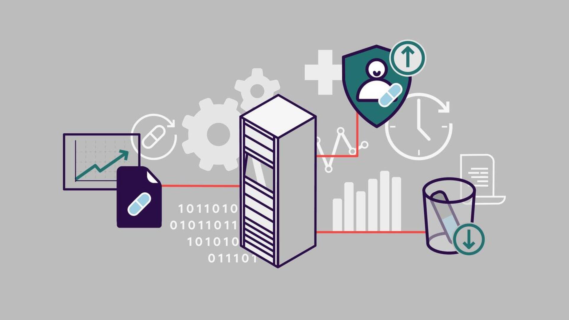 Illustration eines Servers mit Symbolen für Datenanalyse, Gesundheitswesen, Sicherheit, Upload/Download in die Cloud, eine Uhr, Einstellungen, ein Dokument, ein Diagramm und ein Balkendiagramm zur Darstellung der digitalen Datenverwaltung.