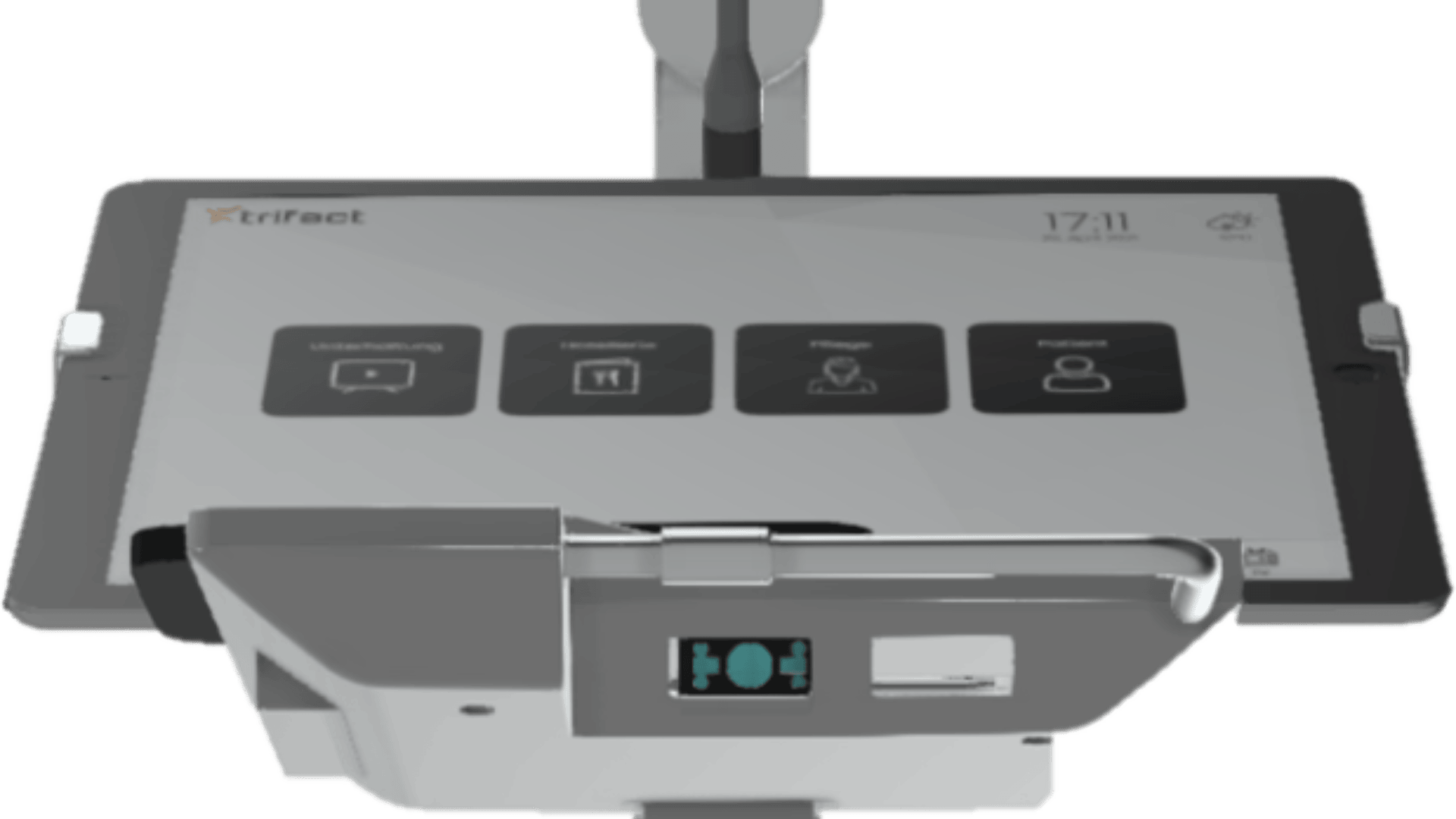 Nahaufnahme eines auf einem Ständer montierten Touchscreen-Geräts mit einer Benutzeroberfläche mit vier großen Symbolen und einer Digitaluhr, die 17:11 Uhr anzeigt. Das Gerät ist mit zusätzlicher Hardware unterhalb des Bildschirms ausgestattet.