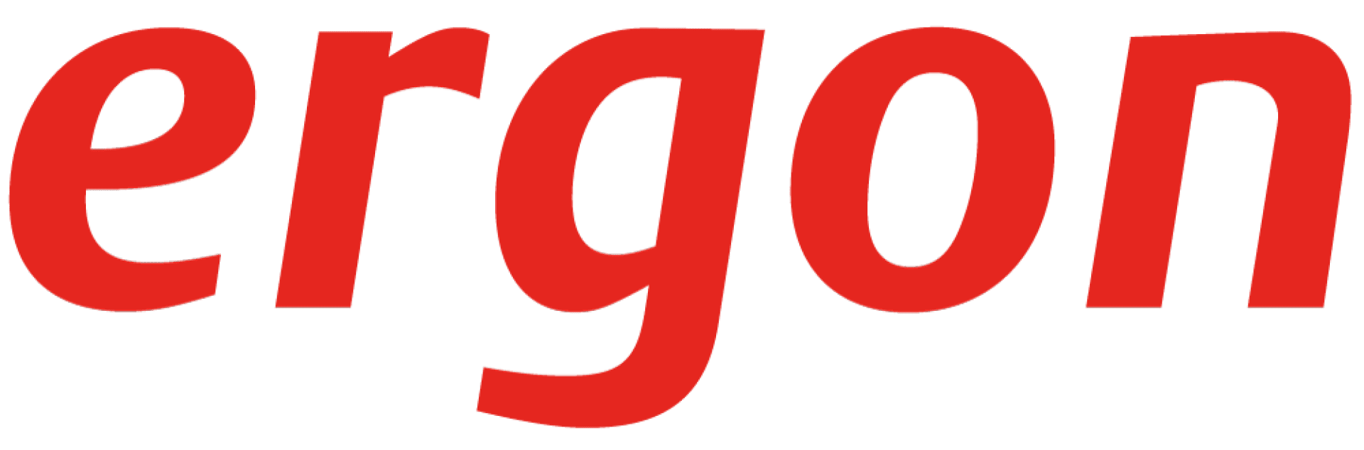 Das Bild zeigt das Wort „ergon“ in fetten, leuchtend roten Kleinbuchstaben auf hellem Hintergrund.