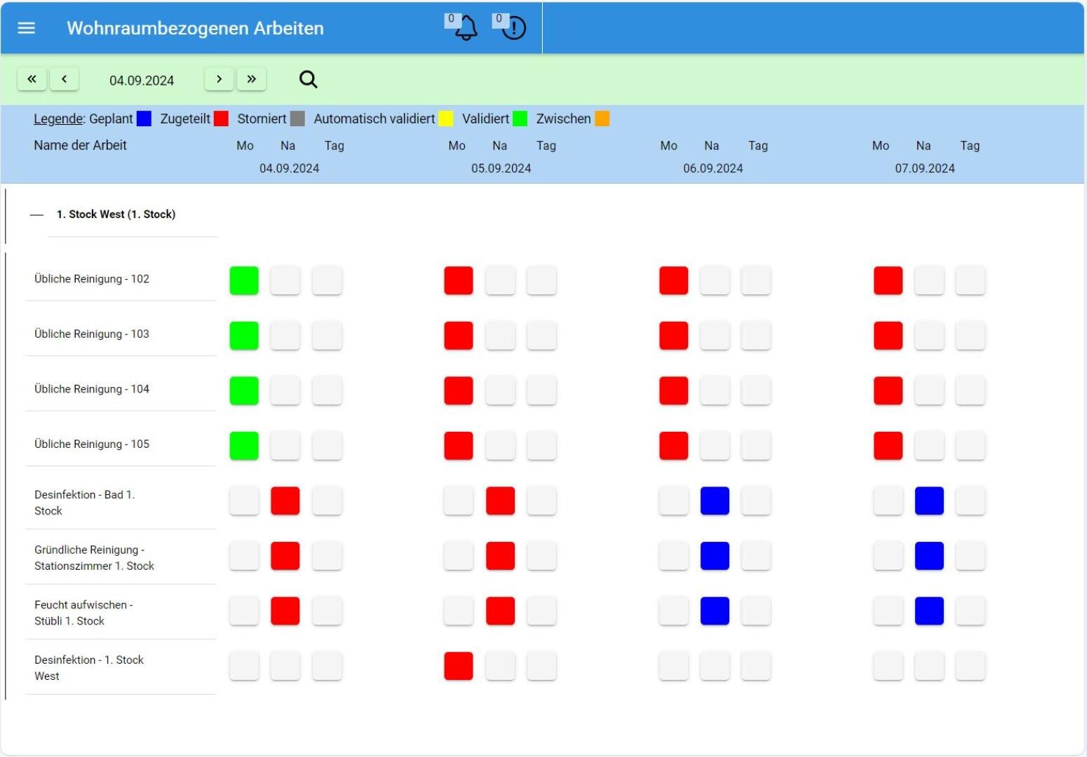 Tableau de programmation des tâches de nettoyage liées au logement du 4 au 7 septembre 2024, avec des carrés de couleur (rouge, vert, bleu) indiquant l'état de chaque tâche par jour et par type de tâche.