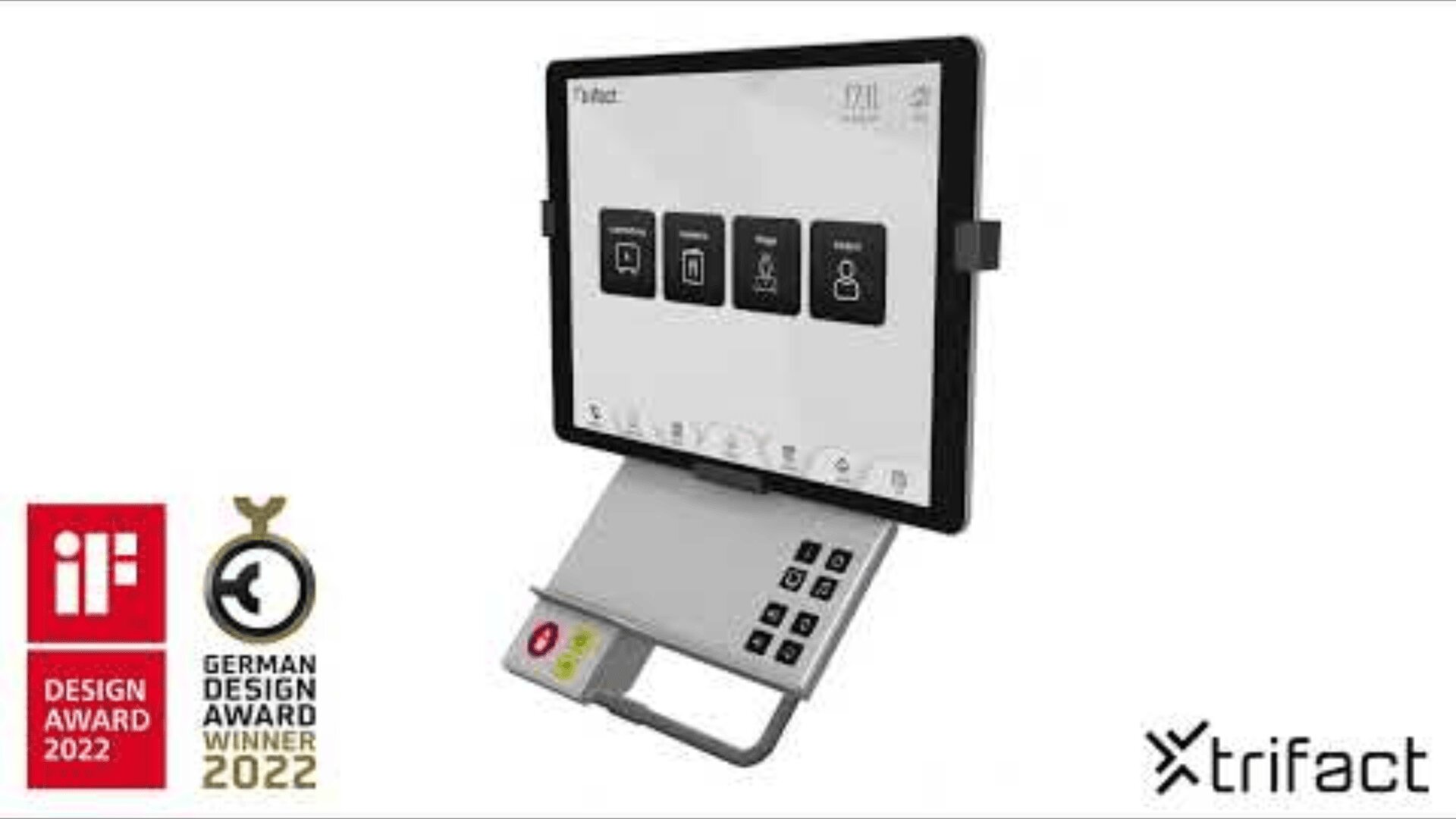 Une machine à voter électronique moderne dotée d'un écran tactile, d'un clavier et de fonctions d'accessibilité. Elle présente les logos des prix iF Design Award 2022 et German Design Award Winner 2022, ainsi que le logo Trifact en bas à droite.