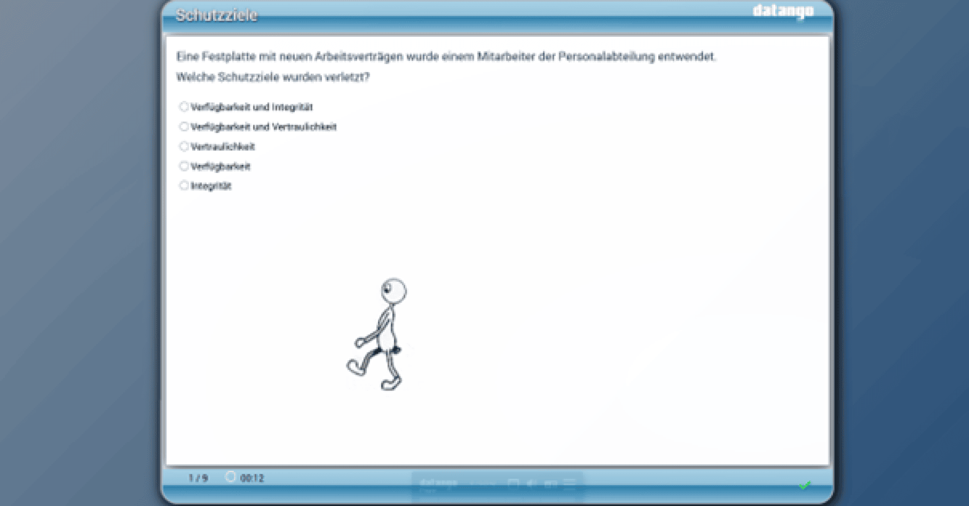 Capture d'écran d'un module de formation en ligne en allemand sur les objectifs de protection, montrant une question à choix multiples et un bonhomme allumette animé marchant en bas à gauche.