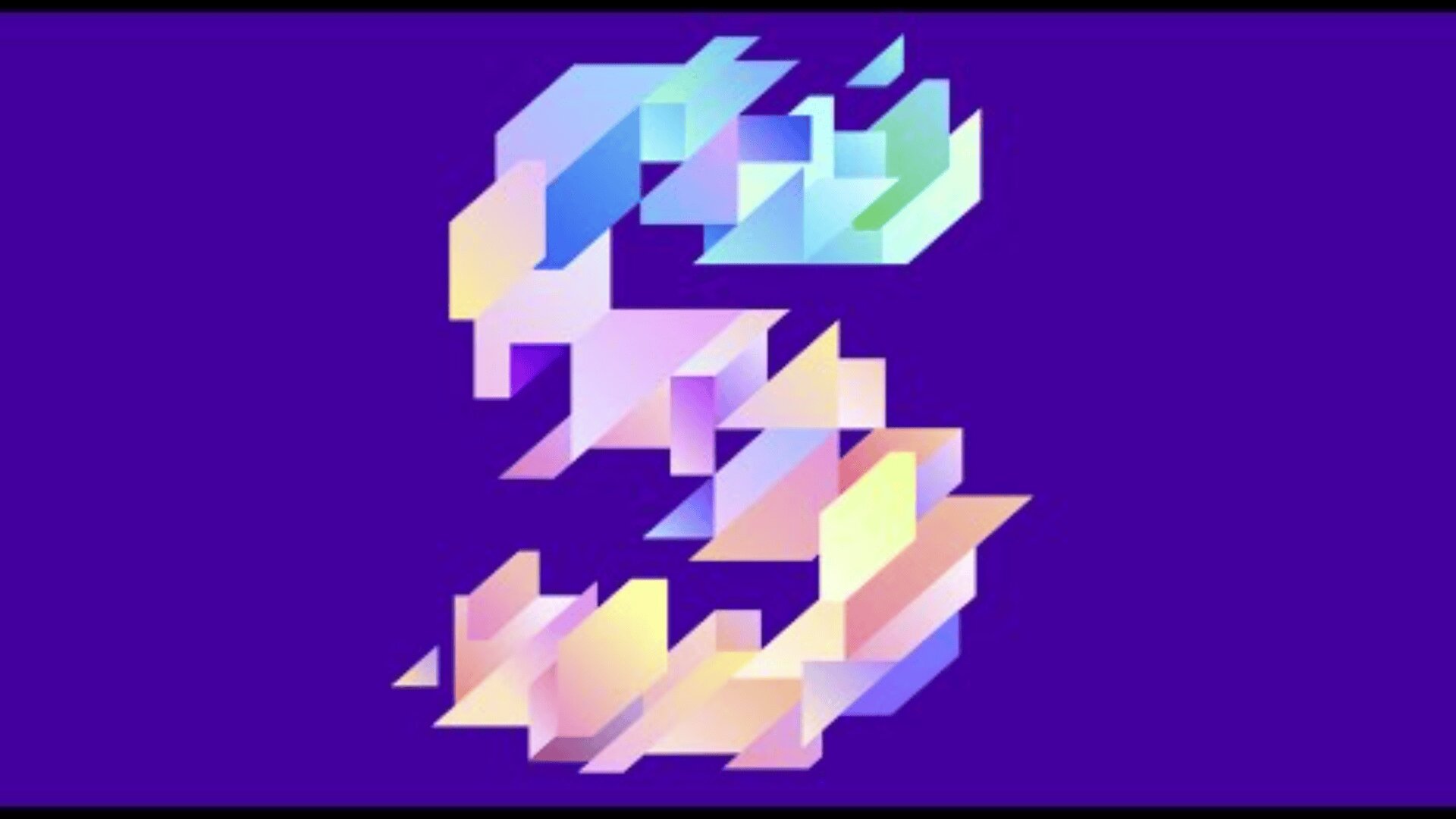 Eine farbenfrohe, geometrische Zahl 3, die aus sich überlappenden, durchscheinenden Formen in Pastelltönen besteht, die vor einem einfarbigen lila Hintergrund stehen.