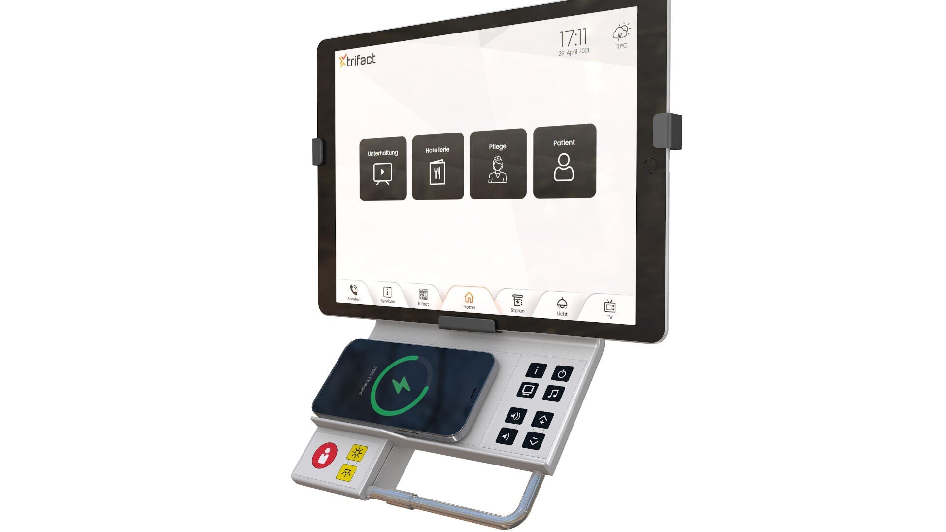 Ein auf einem Ständer montiertes Tablet zeigt eine Benutzeroberfläche mit Symbolen und Text über einem Tastenfeld und einem kabellosen Ladepad, das ein Smartphone hält. Die Einrichtung scheint für die sichere Dateneingabe oder Bezahlung zu sein.