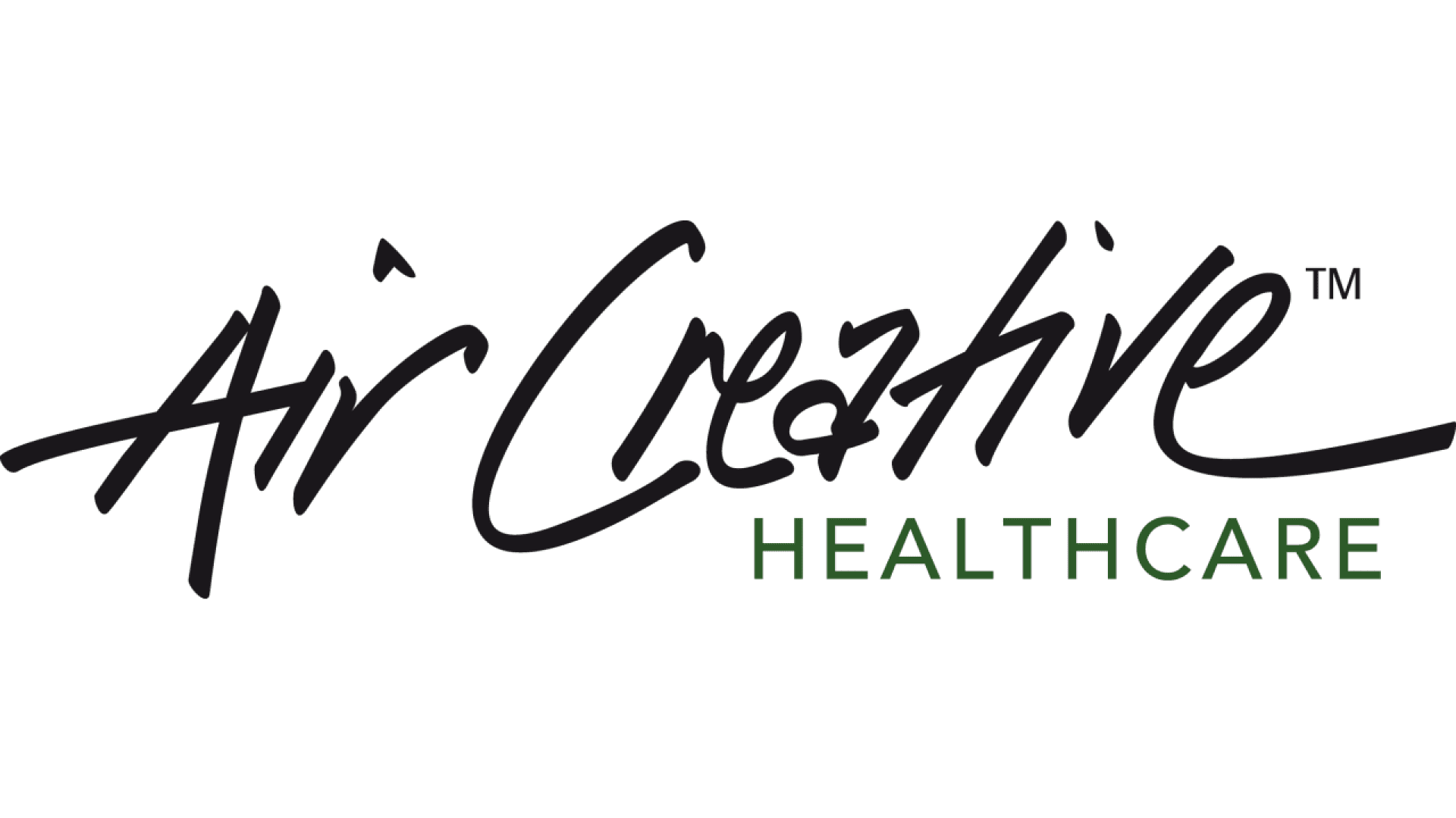 Logo Air Creative Healthcare ; Air Creative est écrit en écriture cursive noire et HEALTHCARE est écrit en lettres majuscules vertes en dessous.