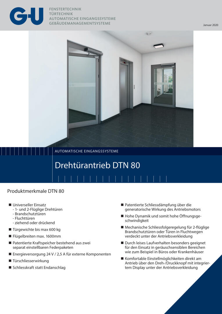 Eine deutschsprachige Broschüre zum Drehtürantrieb DTN 80 von Fenstertechnik mit Produktdetails, technischen Daten und dem Firmenlogo in Blau und Weiß.