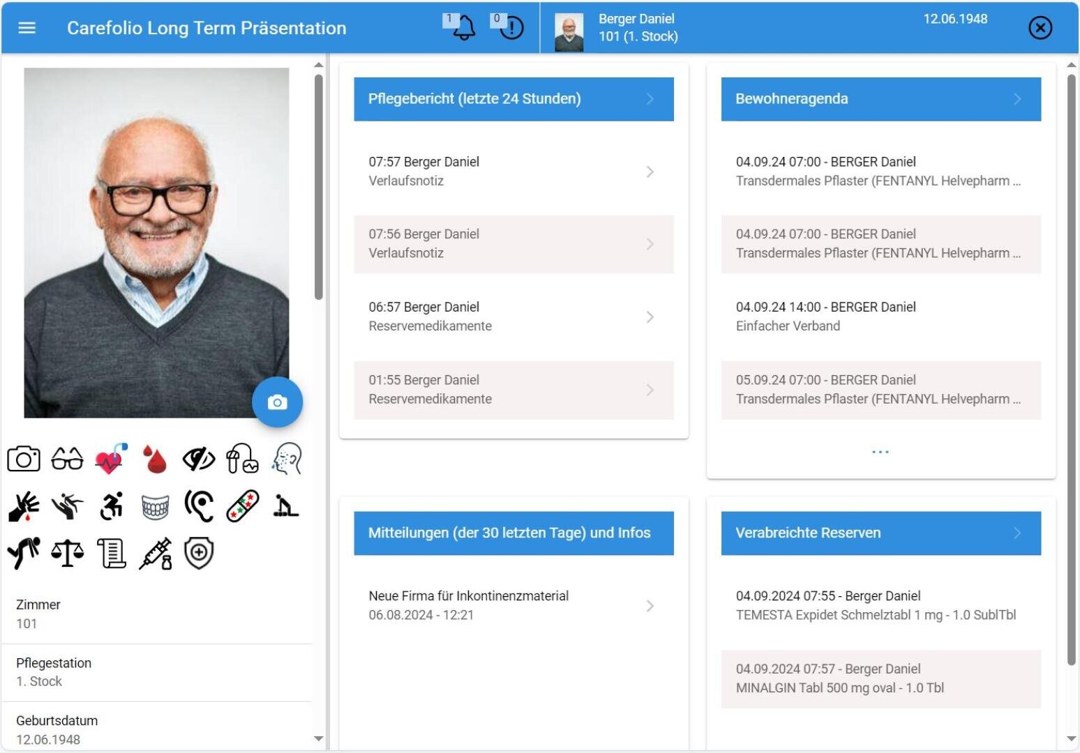 Un tableau de bord de gestion des soins affiche la photo et les coordonnées d'un homme âgé souriant, les activités de soins, les notes des résidents, les annonces récentes et les médicaments administrés, le tout organisé dans des panneaux bleus et blancs.